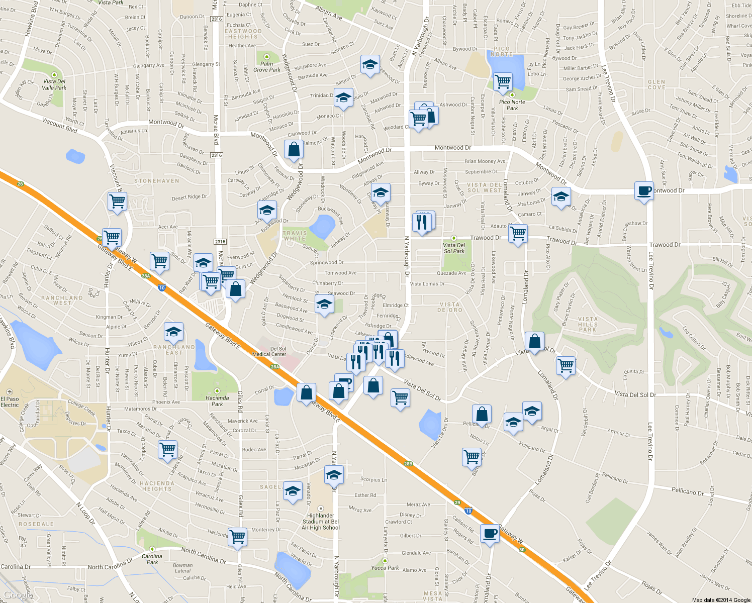 map of restaurants, bars, coffee shops, grocery stores, and more near 1324 Hookridge Drive in El Paso