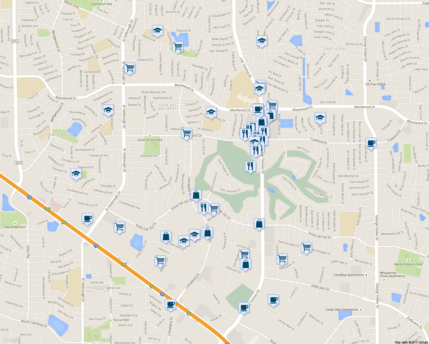 map of restaurants, bars, coffee shops, grocery stores, and more near 1717 Bruce Devlin Drive in El Paso