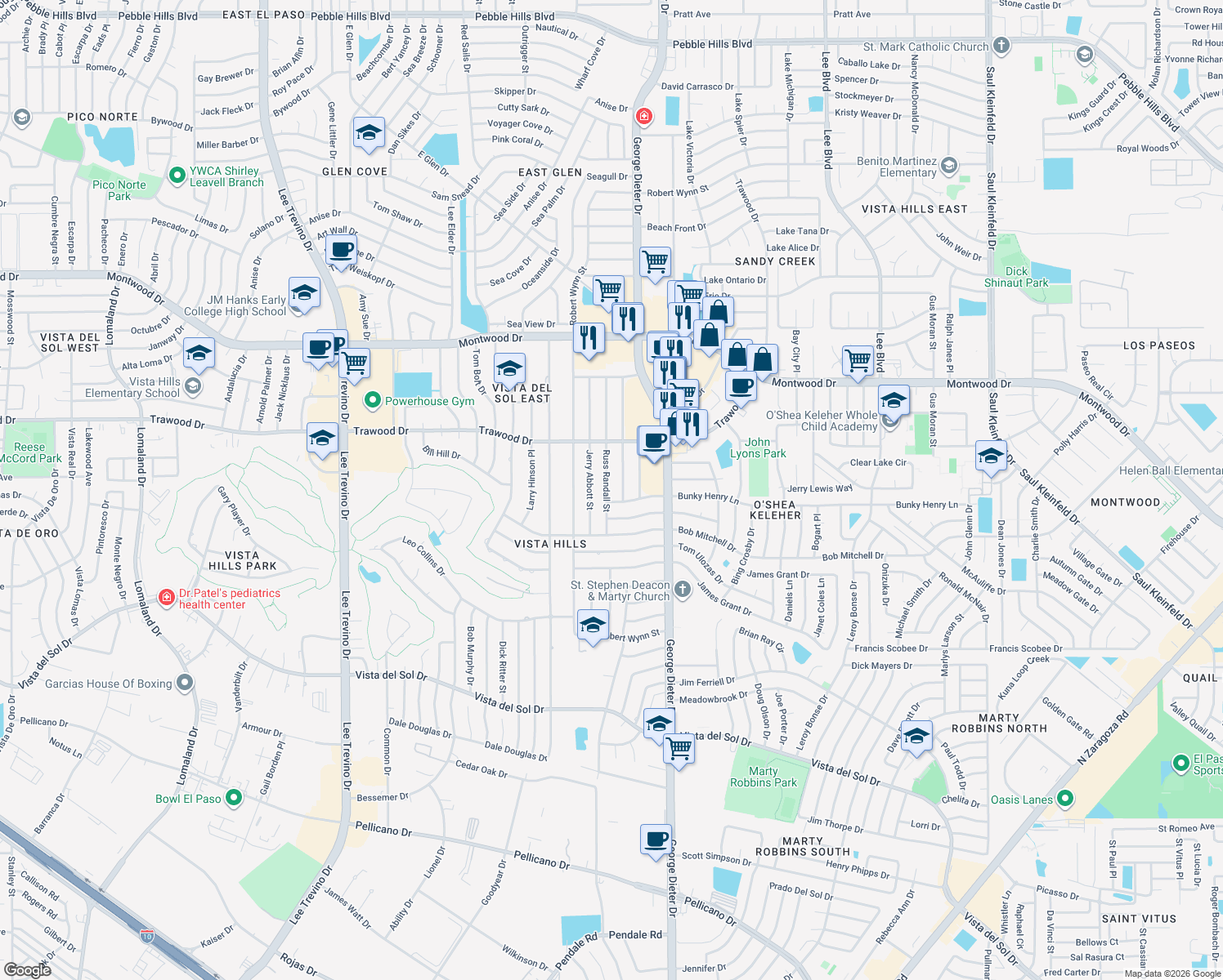 map of restaurants, bars, coffee shops, grocery stores, and more near 1722 Russ Randall St in El Paso