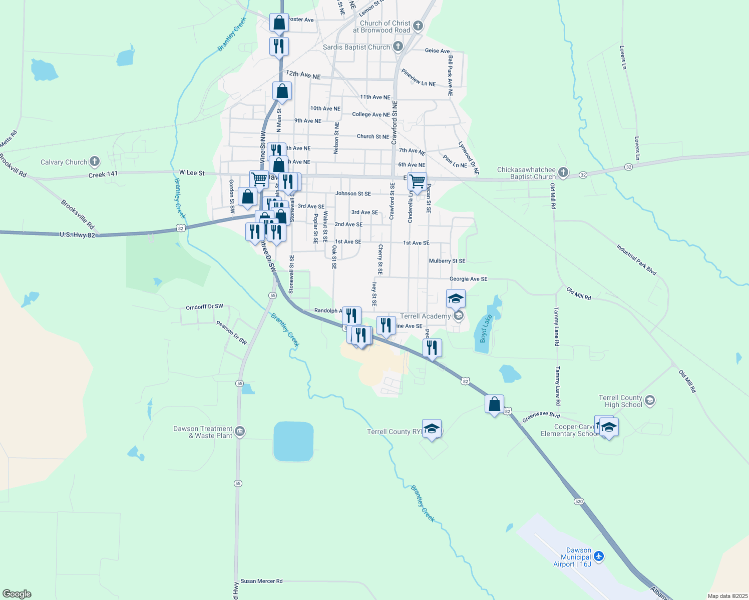 map of restaurants, bars, coffee shops, grocery stores, and more near 535 Ivey Street Southeast in Dawson