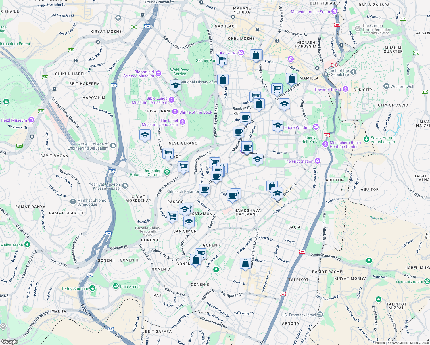 map of restaurants, bars, coffee shops, grocery stores, and more near HaPalmach Street in Jerusalem