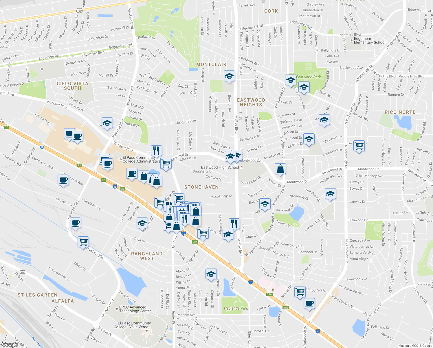 map of restaurants, bars, coffee shops, grocery stores, and more near 9616 Daugherty Drive in El Paso