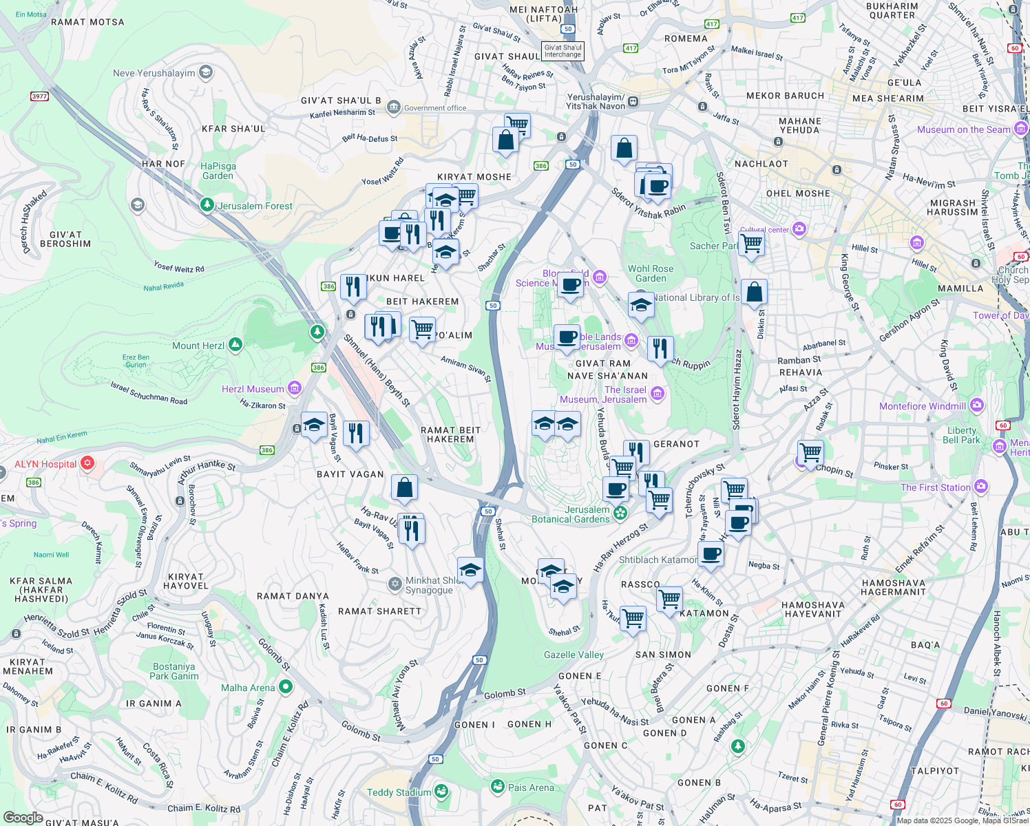 map of restaurants, bars, coffee shops, grocery stores, and more near Yesha'yahu Leibowitz in Jerusalem