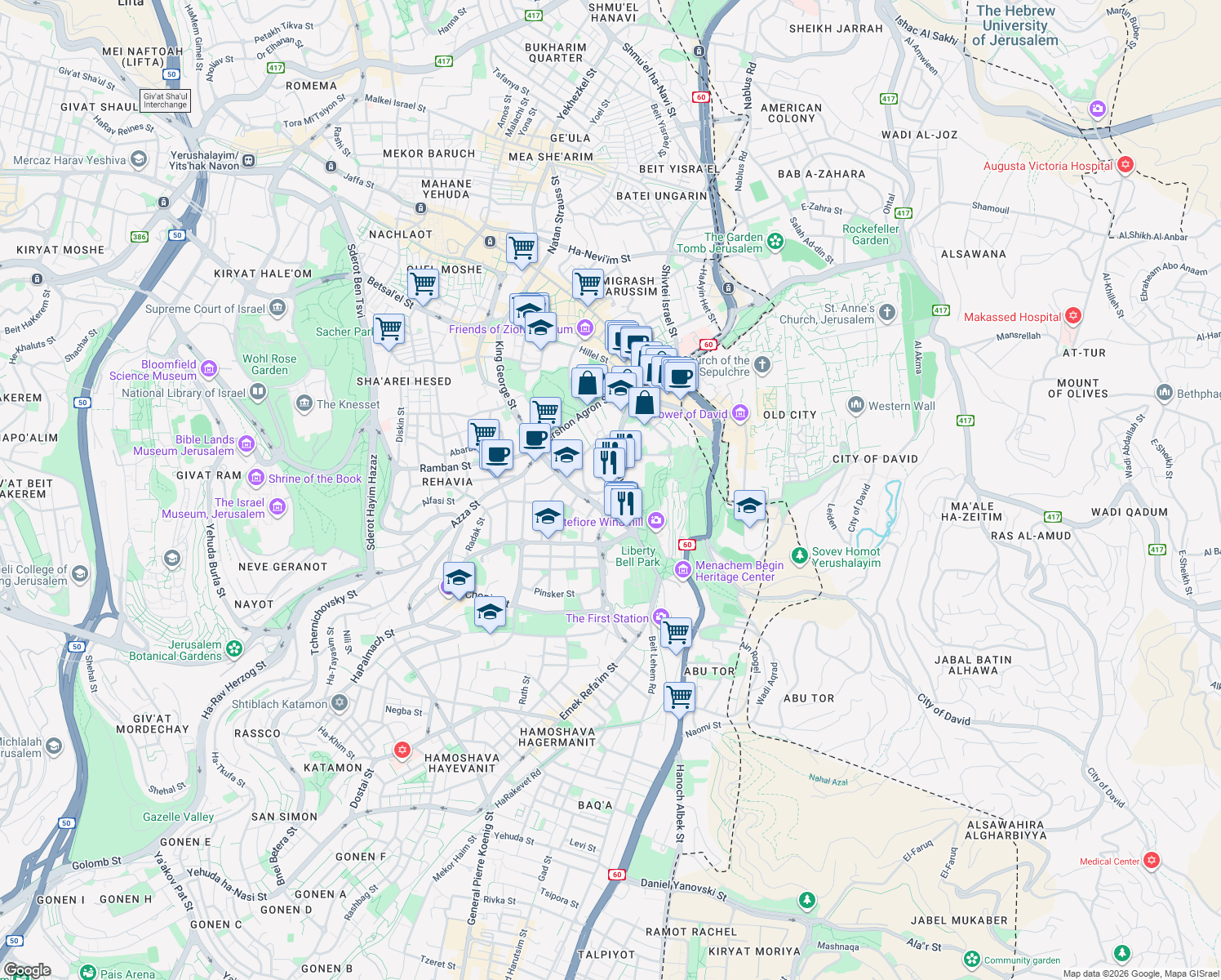 map of restaurants, bars, coffee shops, grocery stores, and more near 4 George Washington Street in Jerusalem