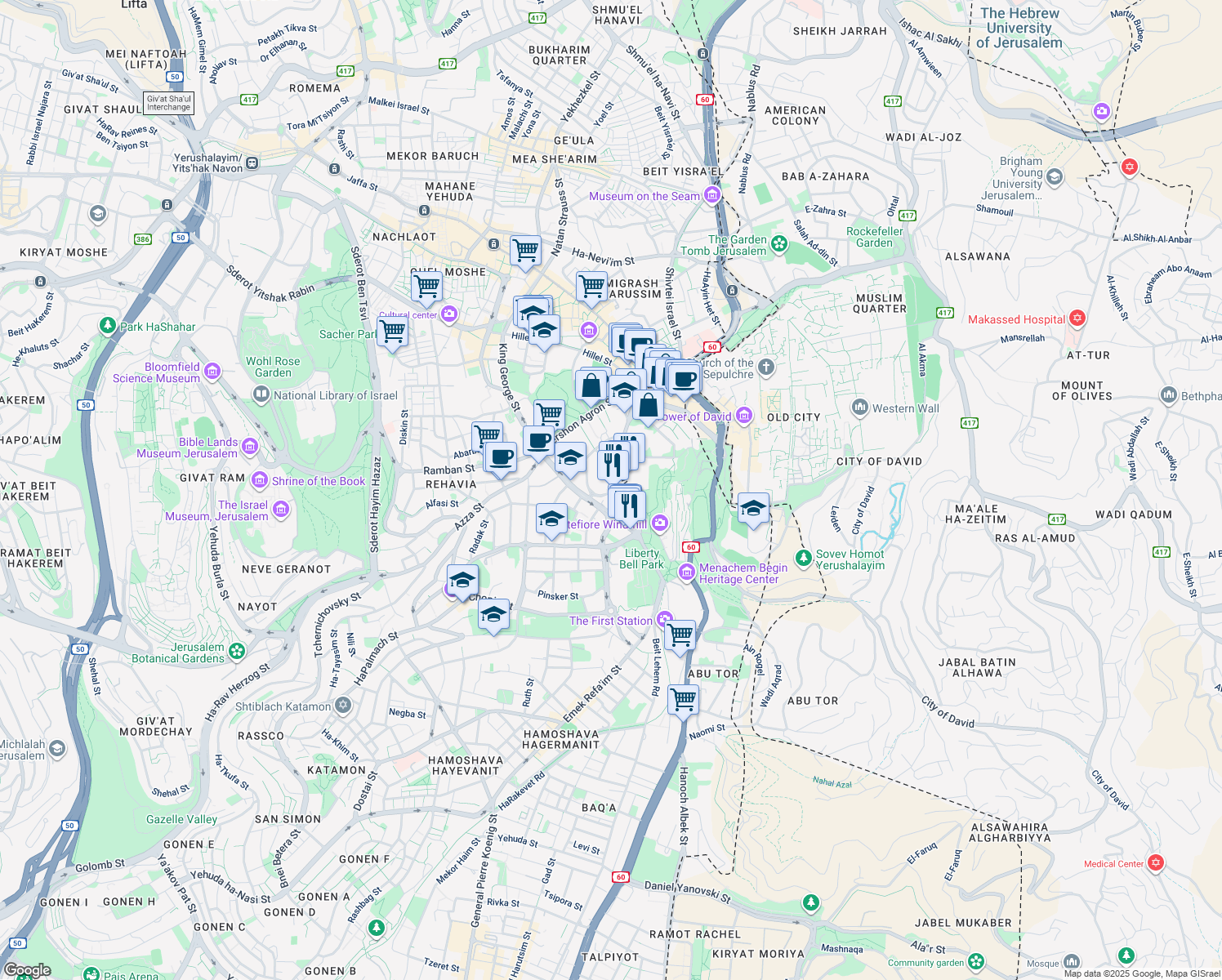 map of restaurants, bars, coffee shops, grocery stores, and more near 4 George Washington Street in Jerusalem