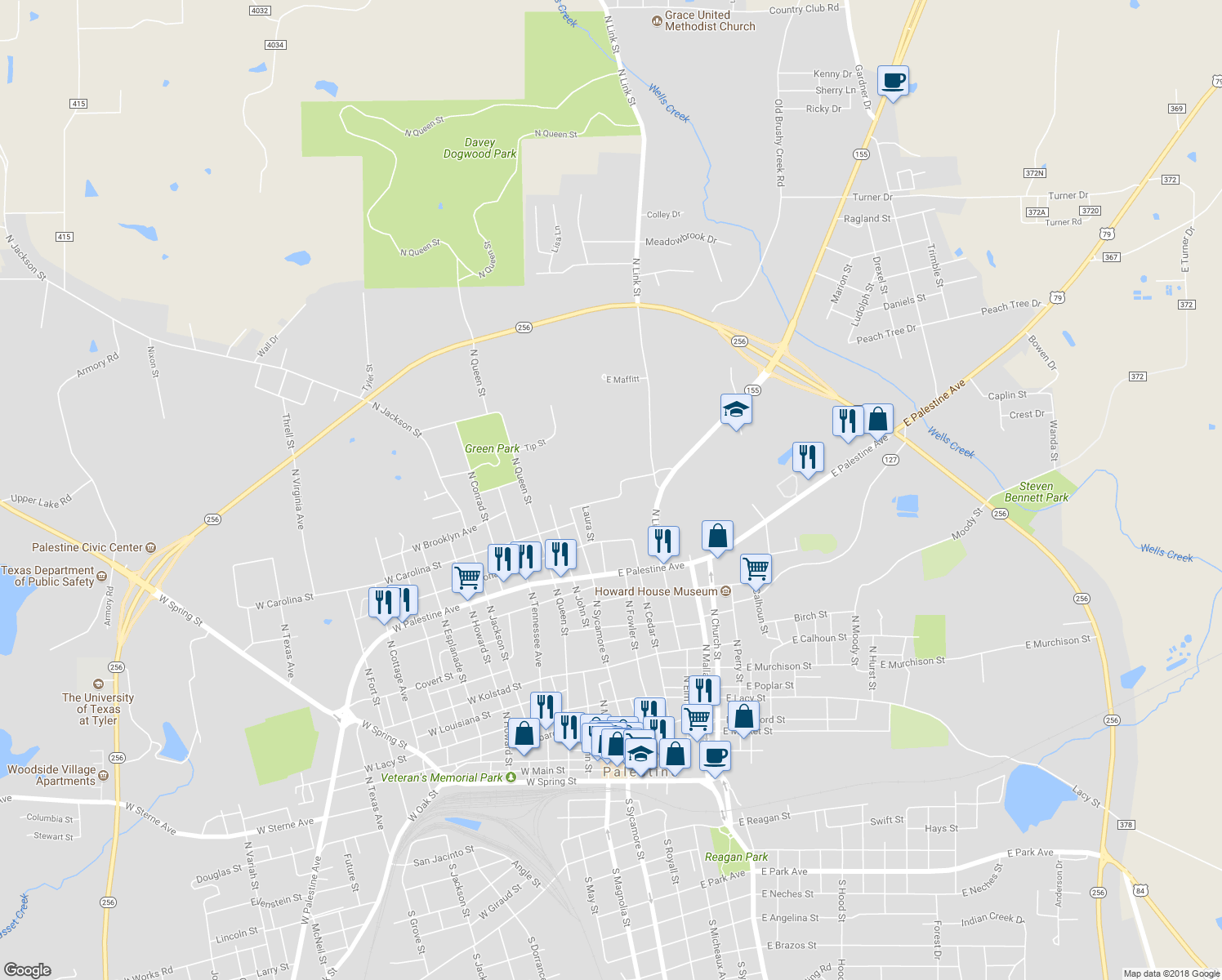 map of restaurants, bars, coffee shops, grocery stores, and more near 119 Kickapoo Street in Palestine