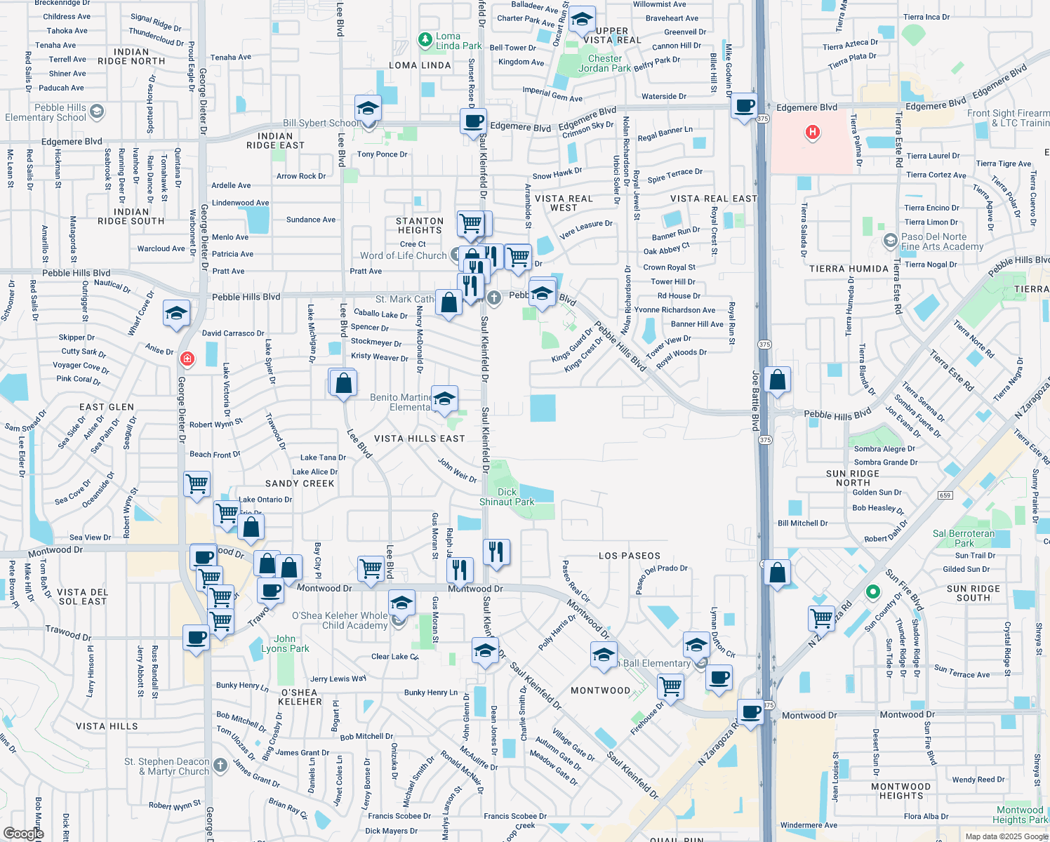map of restaurants, bars, coffee shops, grocery stores, and more near 11744 Campfire Lane in El Paso