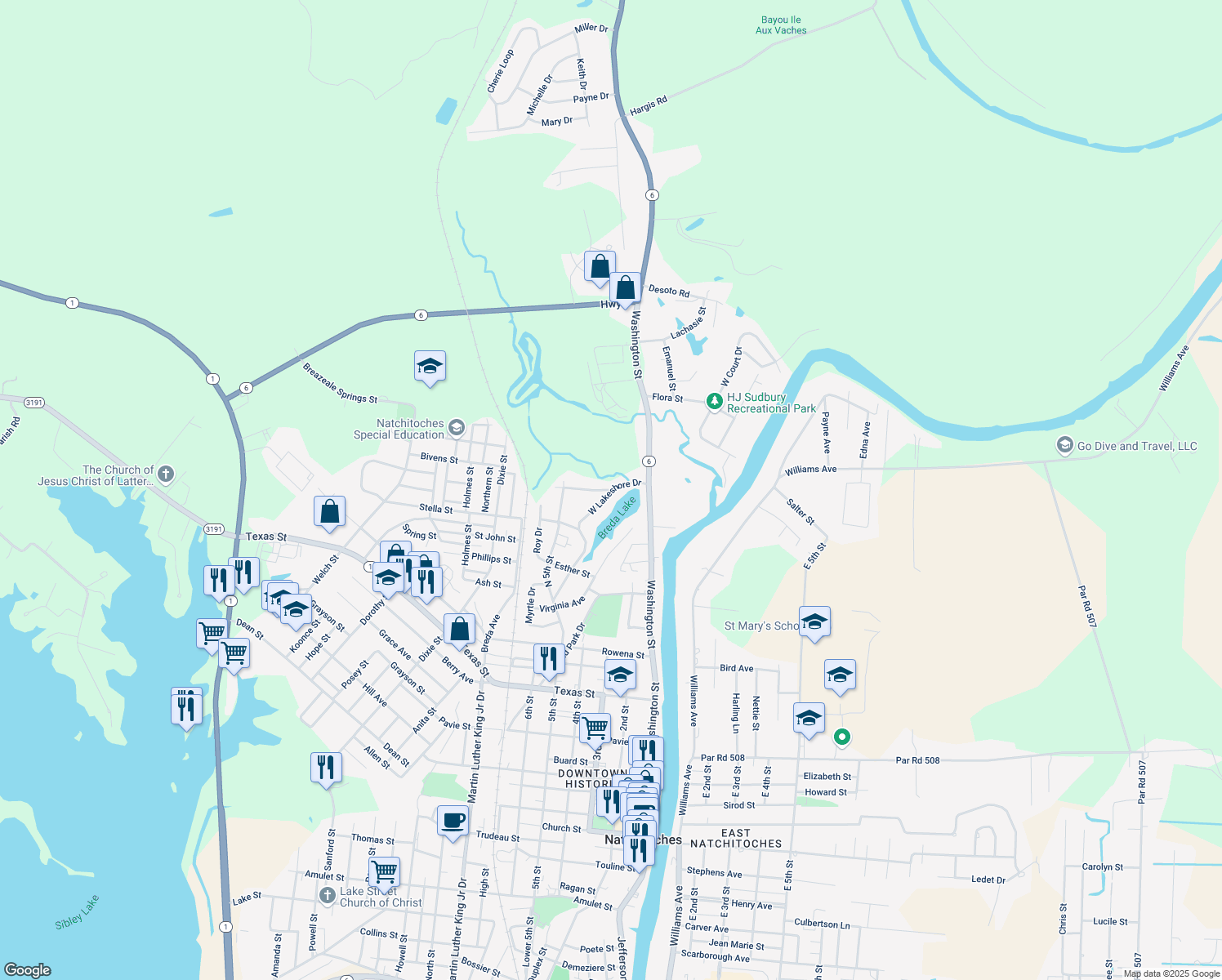 map of restaurants, bars, coffee shops, grocery stores, and more near 1416 W Lakeshore Dr in Natchitoches