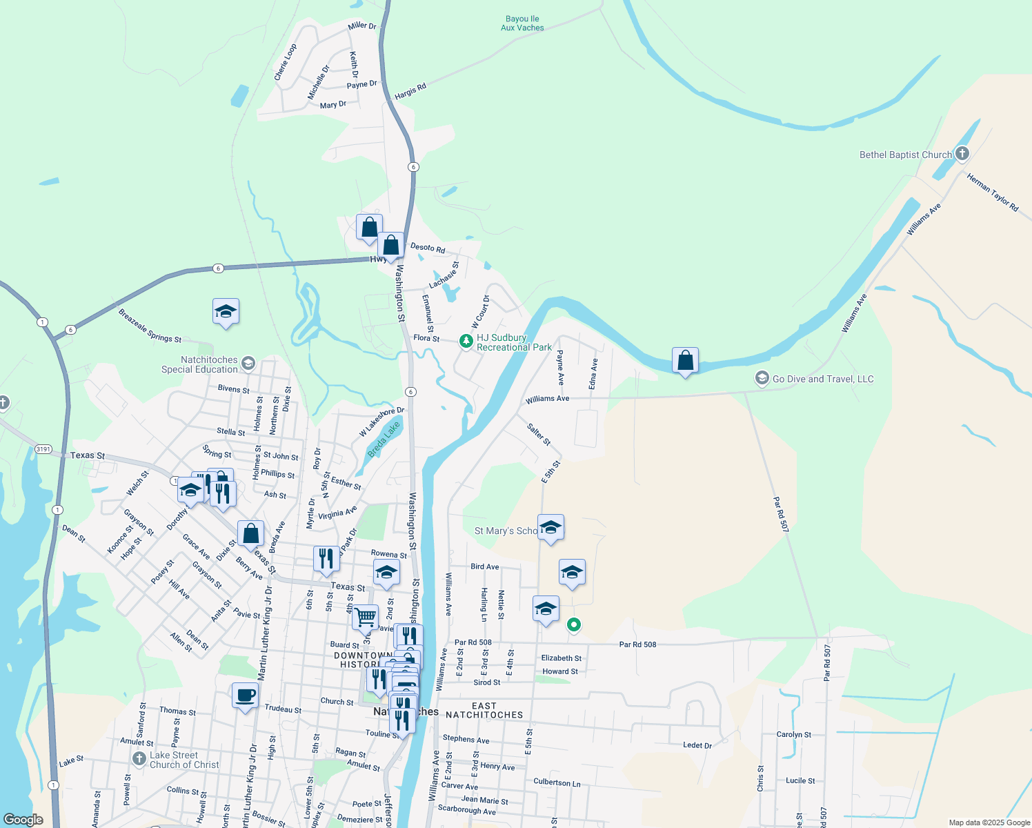 map of restaurants, bars, coffee shops, grocery stores, and more near 1447 Williams Ave in Natchitoches