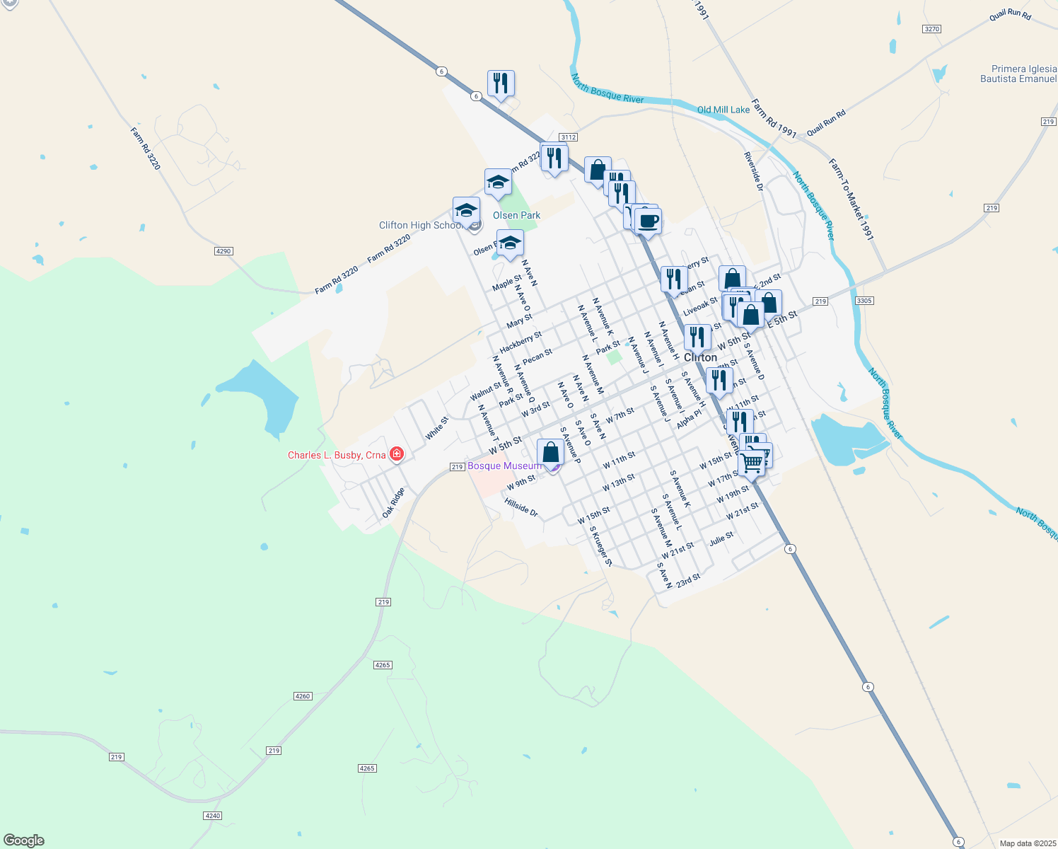 map of restaurants, bars, coffee shops, grocery stores, and more near 107 North Avenue R in Clifton