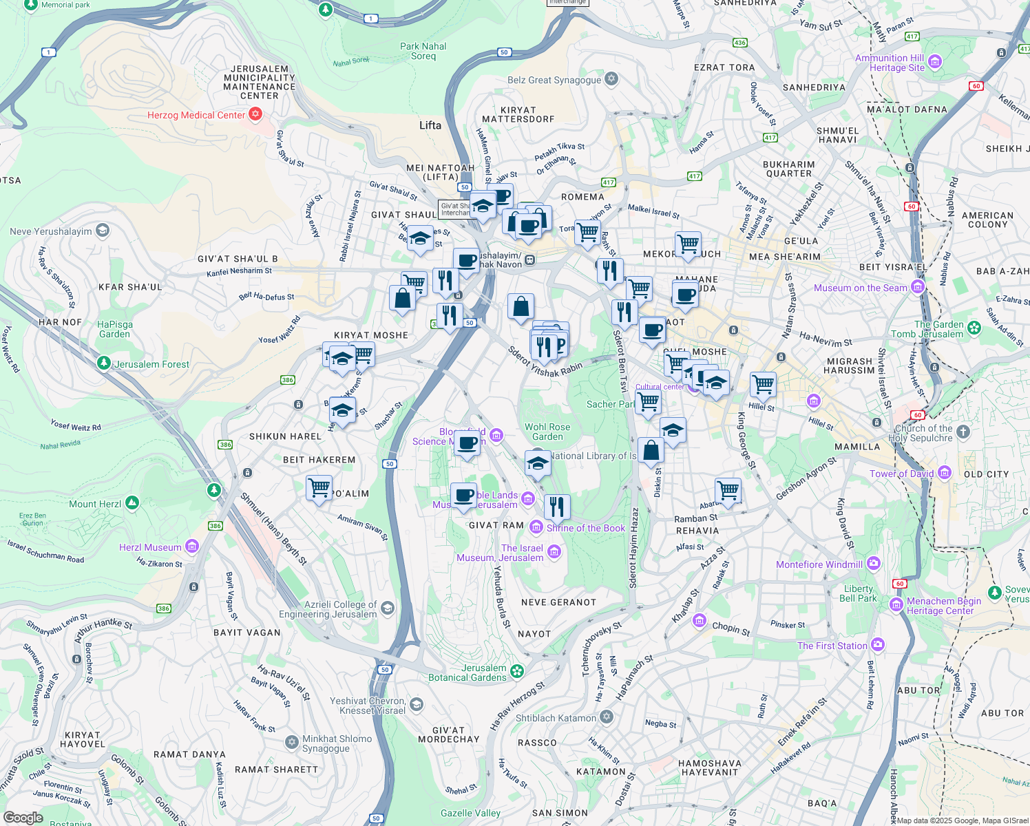 map of restaurants, bars, coffee shops, grocery stores, and more near 3 Eliezer Kaplan Street in Jerusalem