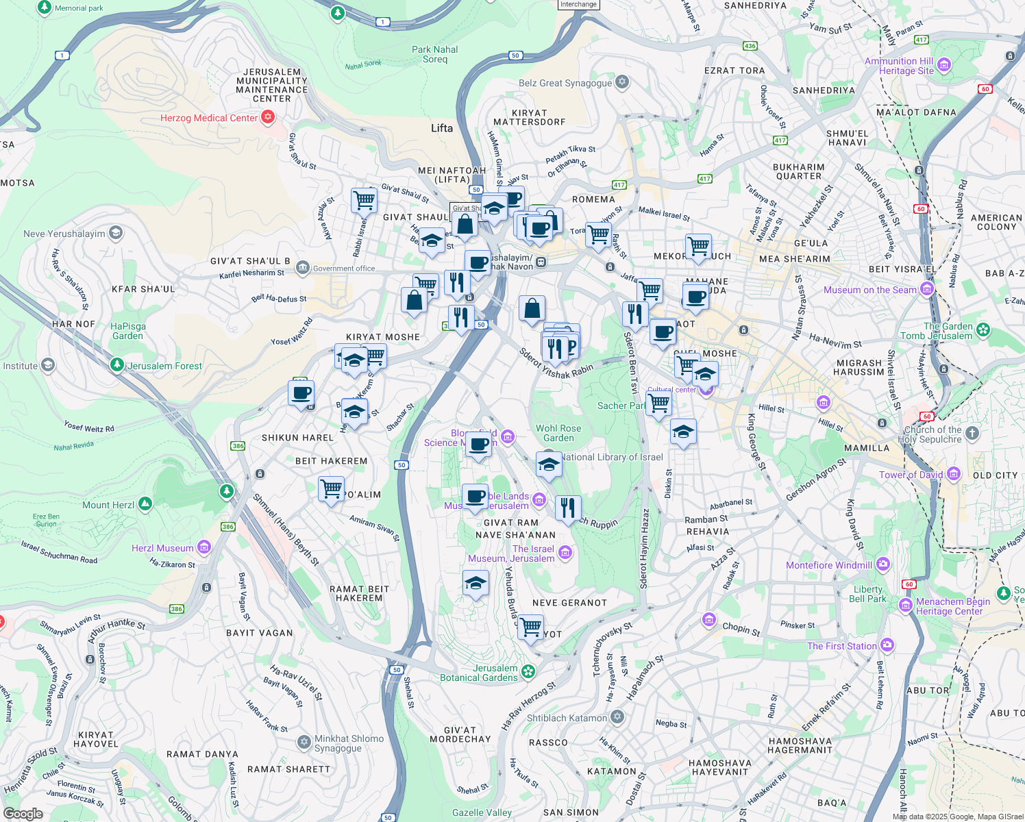 map of restaurants, bars, coffee shops, grocery stores, and more near 3 Eliezer Kaplan Street in Jerusalem