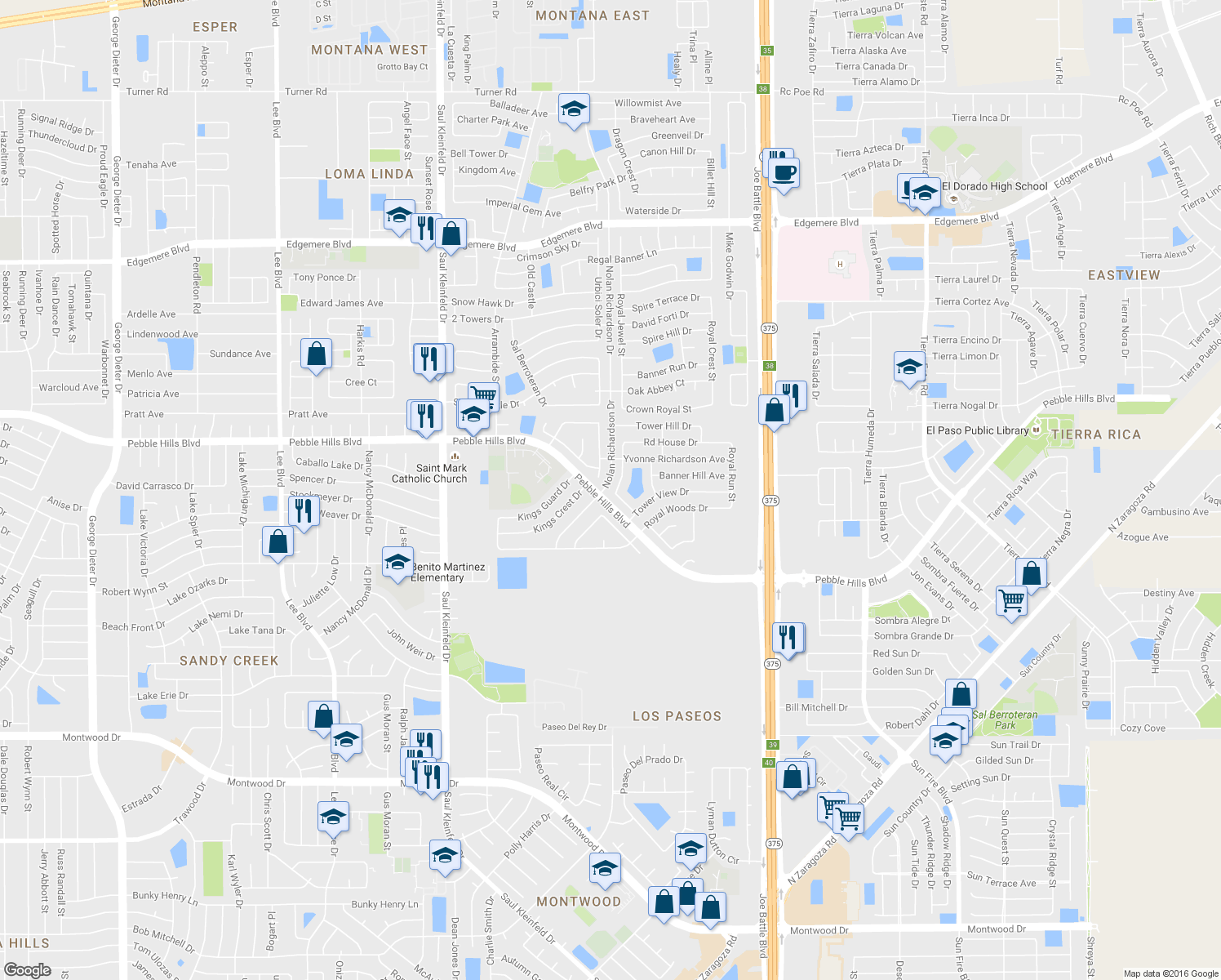 map of restaurants, bars, coffee shops, grocery stores, and more near 2923 Royal Knoll Drive in El Paso