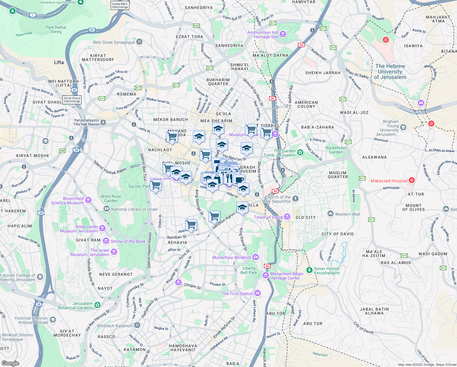 map of restaurants, bars, coffee shops, grocery stores, and more near 5 Ma'alot Nakhalat Shiv'a Street in Jerusalem