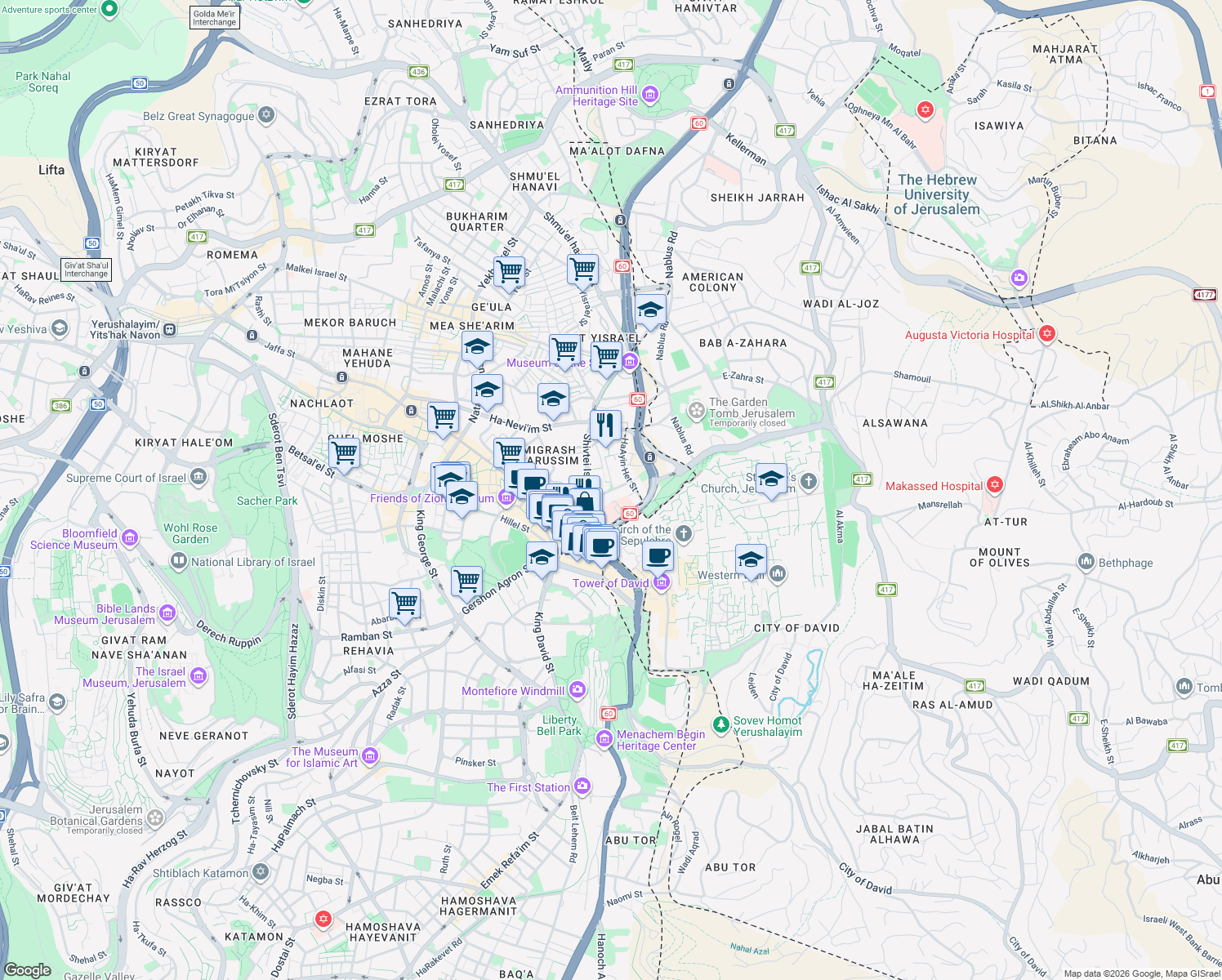 map of restaurants, bars, coffee shops, grocery stores, and more near 10 Elisha Street in Jerusalem