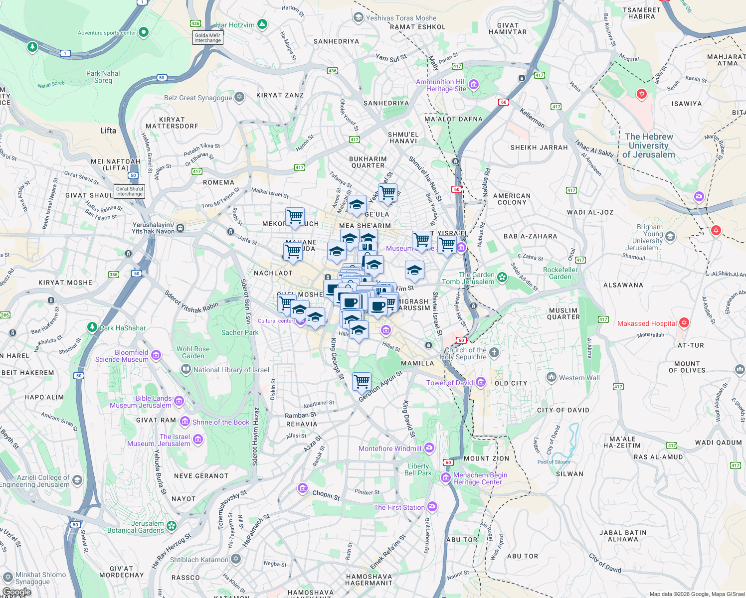 map of restaurants, bars, coffee shops, grocery stores, and more near HaRav Agan Street in Jerusalem