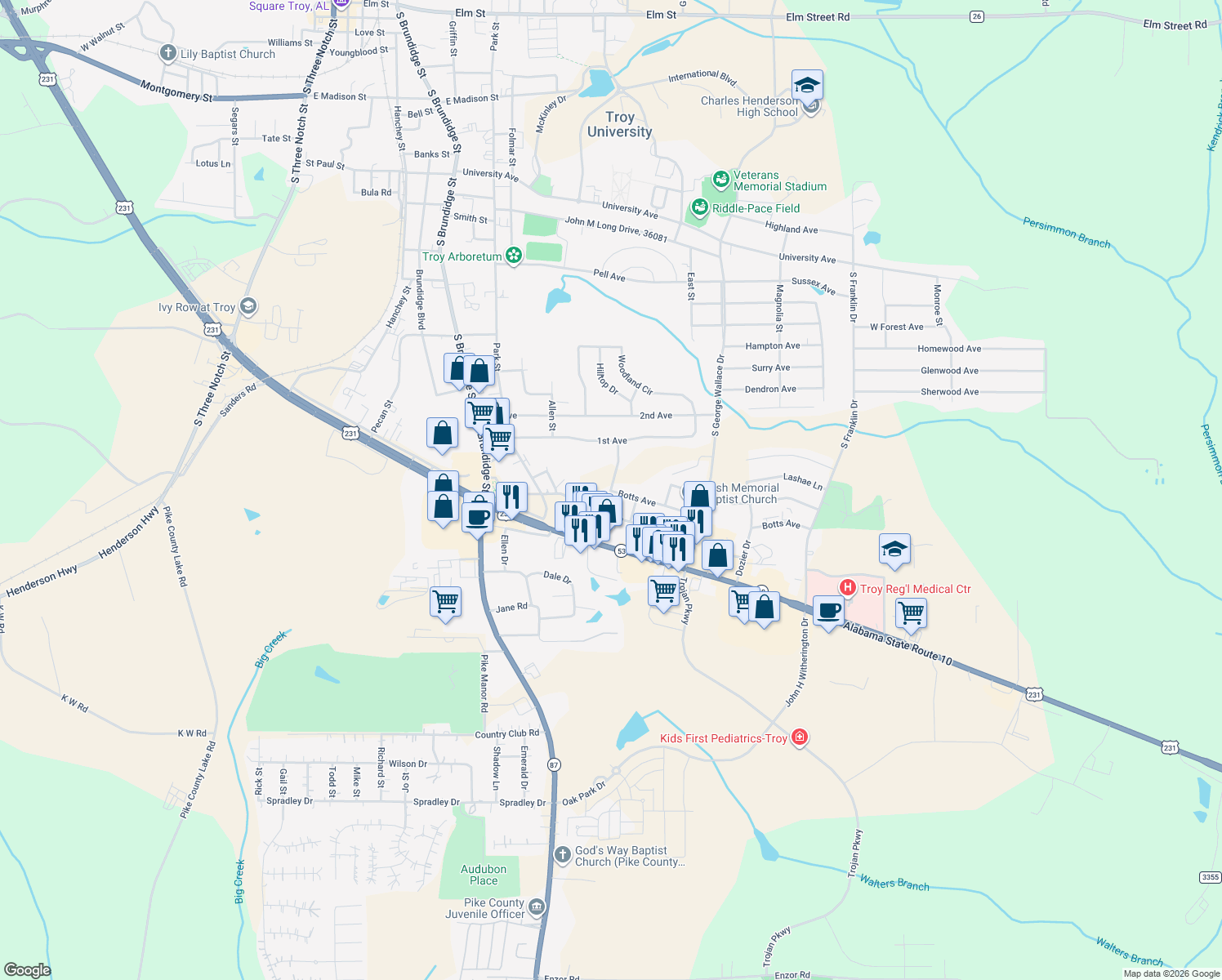 map of restaurants, bars, coffee shops, grocery stores, and more near 298 Botts Ave in Troy