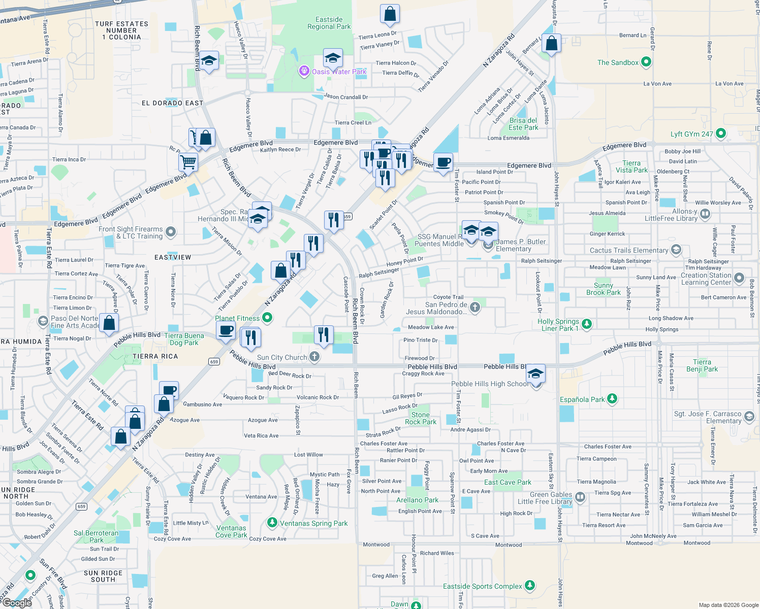 map of restaurants, bars, coffee shops, grocery stores, and more near 3049 Garden Rock Drive in El Paso