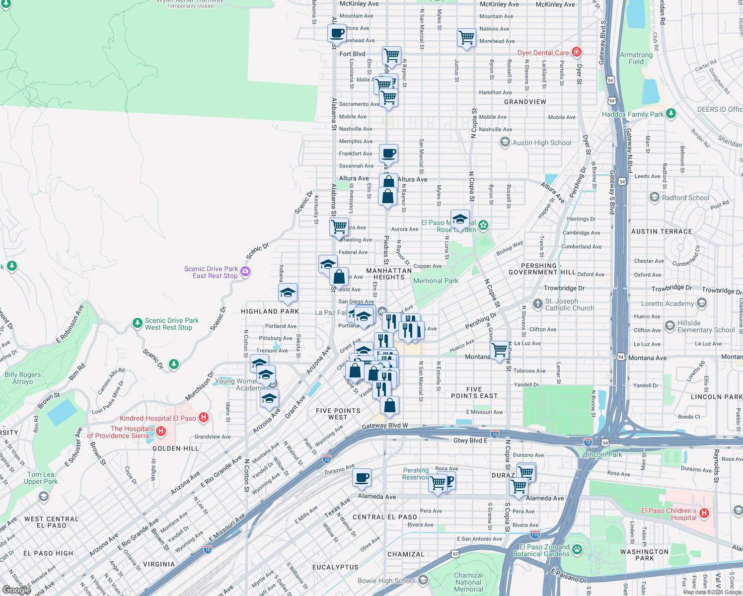 map of restaurants, bars, coffee shops, grocery stores, and more near 1401 Elm Street in El Paso