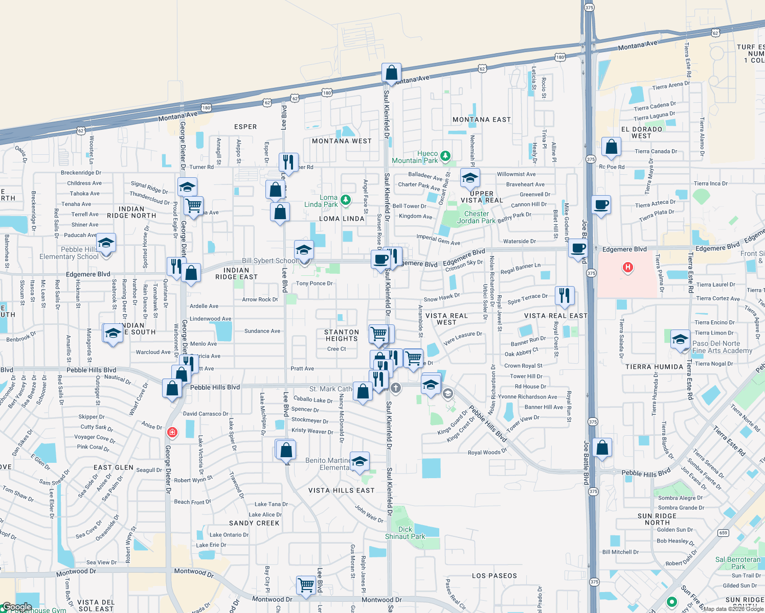 map of restaurants, bars, coffee shops, grocery stores, and more near 11653 Tony Acosta Court in El Paso