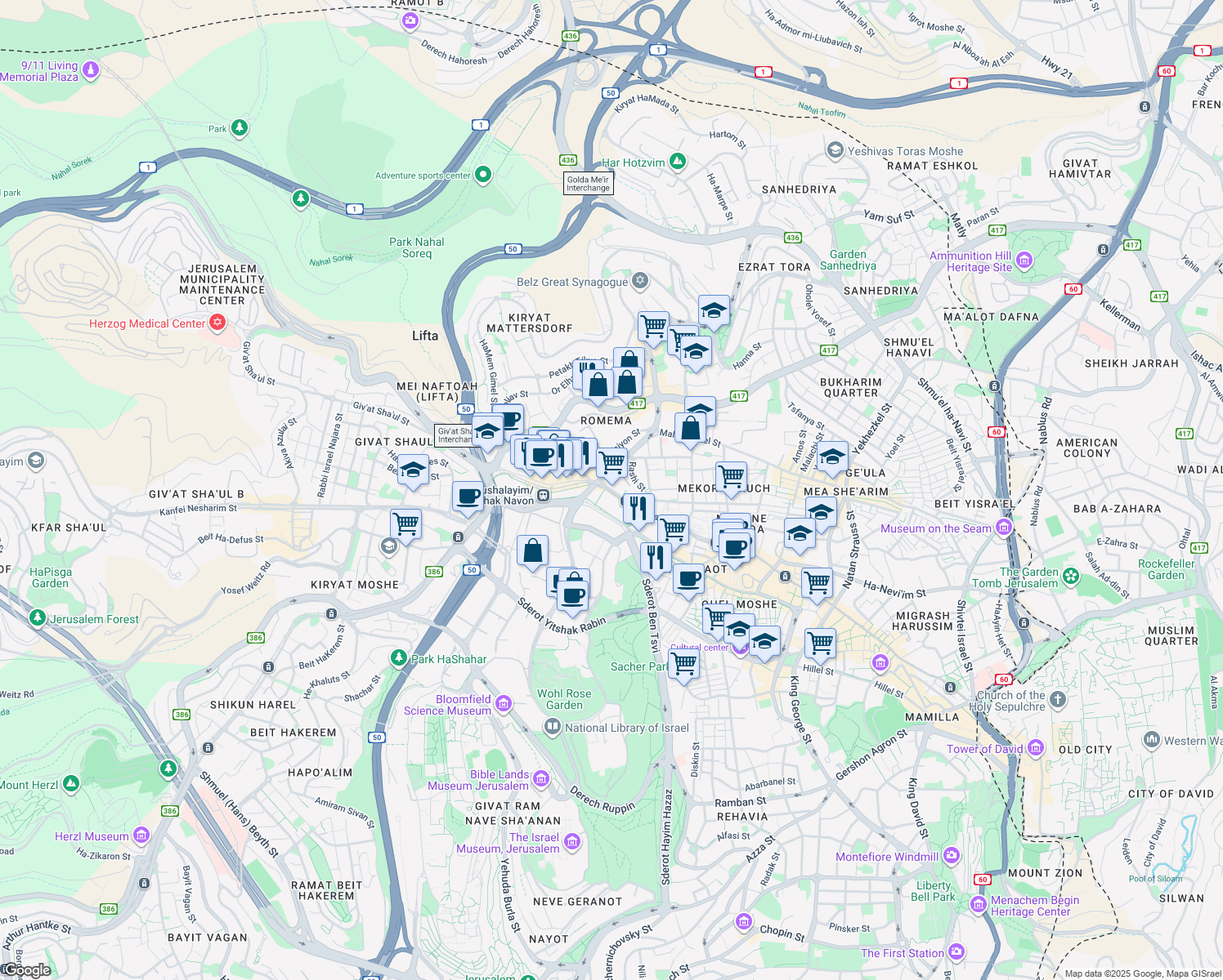 map of restaurants, bars, coffee shops, grocery stores, and more near 169 Jaffa Street in Jerusalem