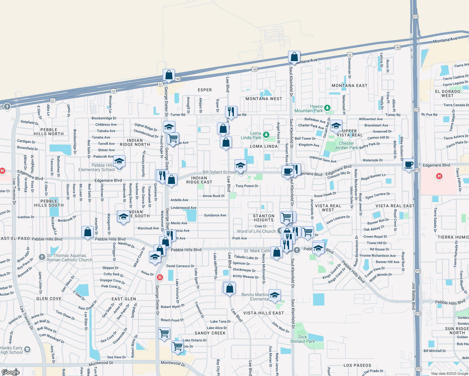 map of restaurants, bars, coffee shops, grocery stores, and more near 11520 Tony Ponce Dr in El Paso