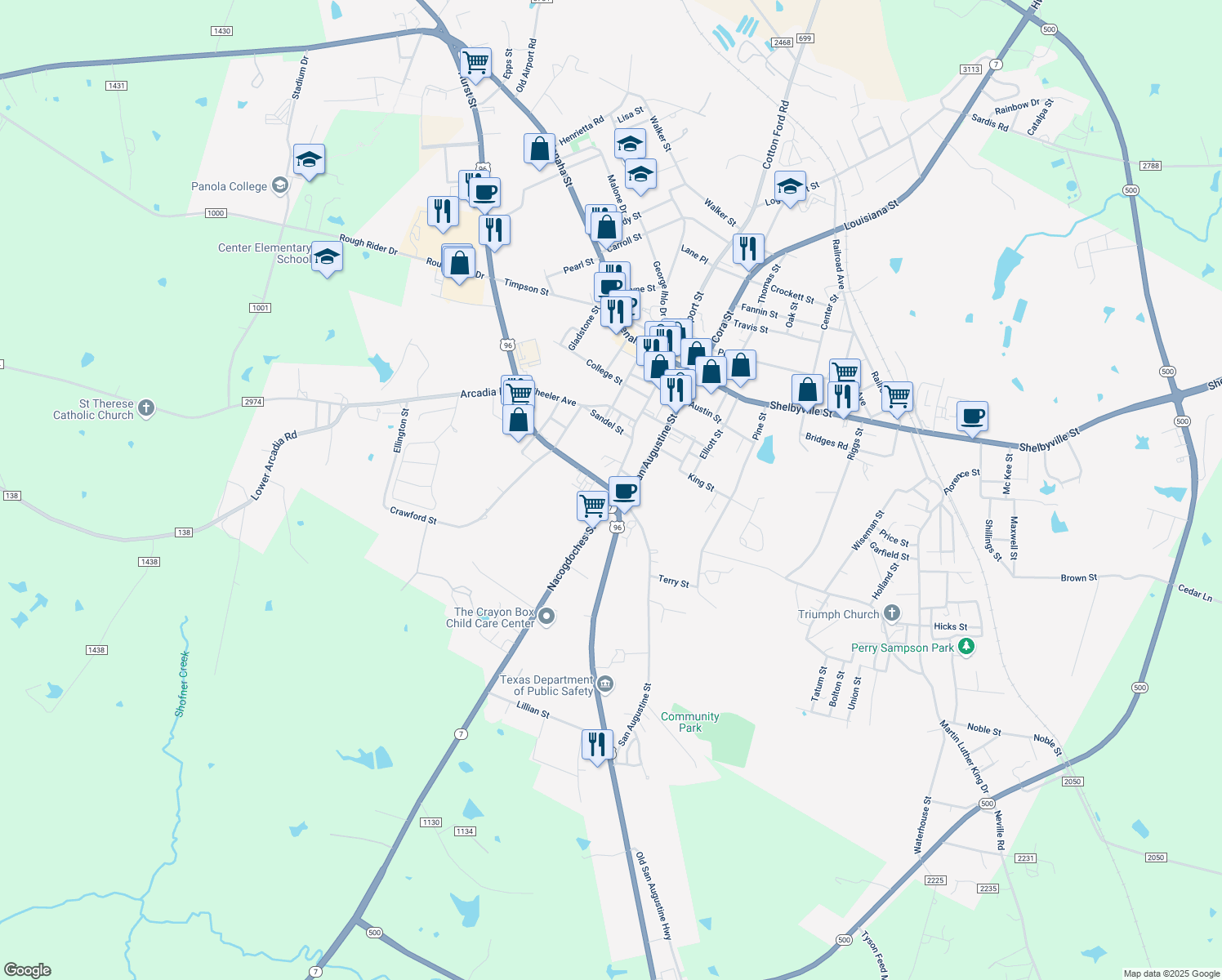 map of restaurants, bars, coffee shops, grocery stores, and more near 104 Hurst Street in Center