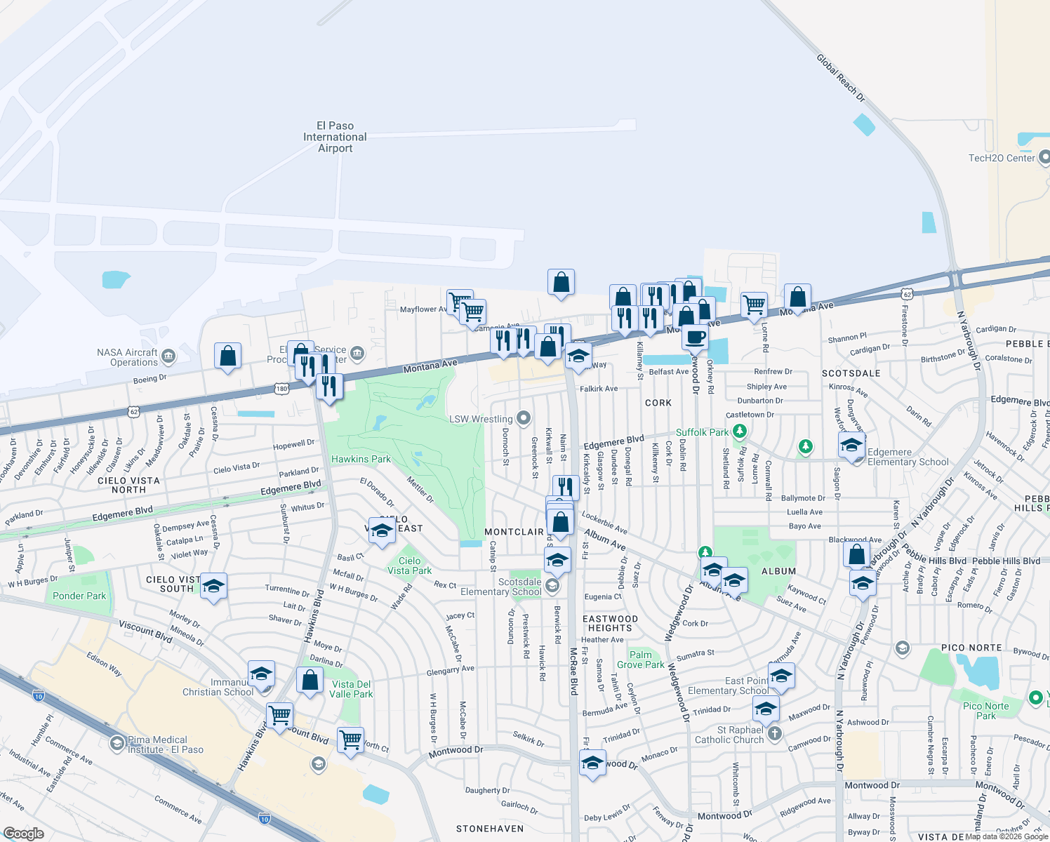 map of restaurants, bars, coffee shops, grocery stores, and more near 3432 Rutherglen St in El Paso