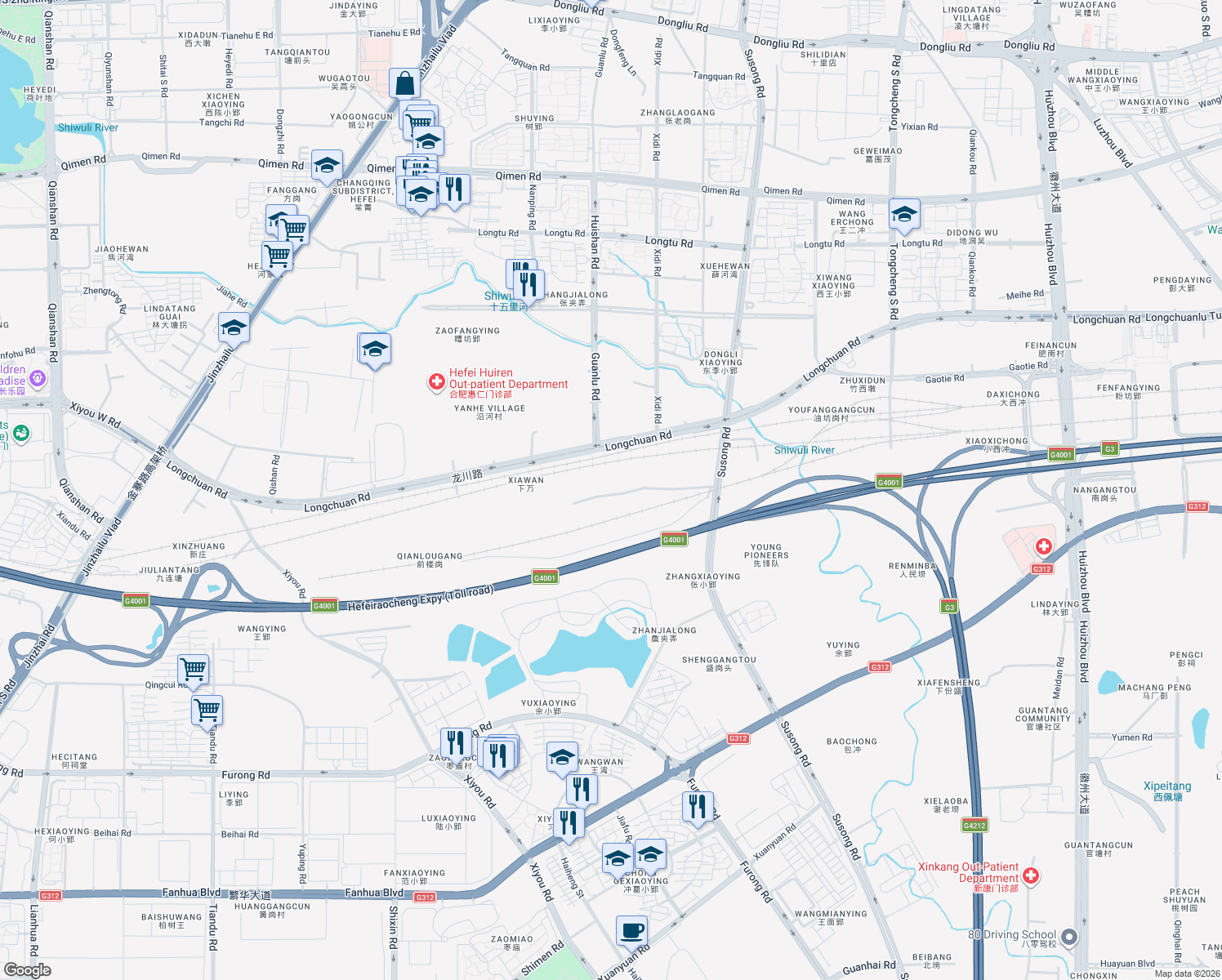 map of restaurants, bars, coffee shops, grocery stores, and more near in Hefei
