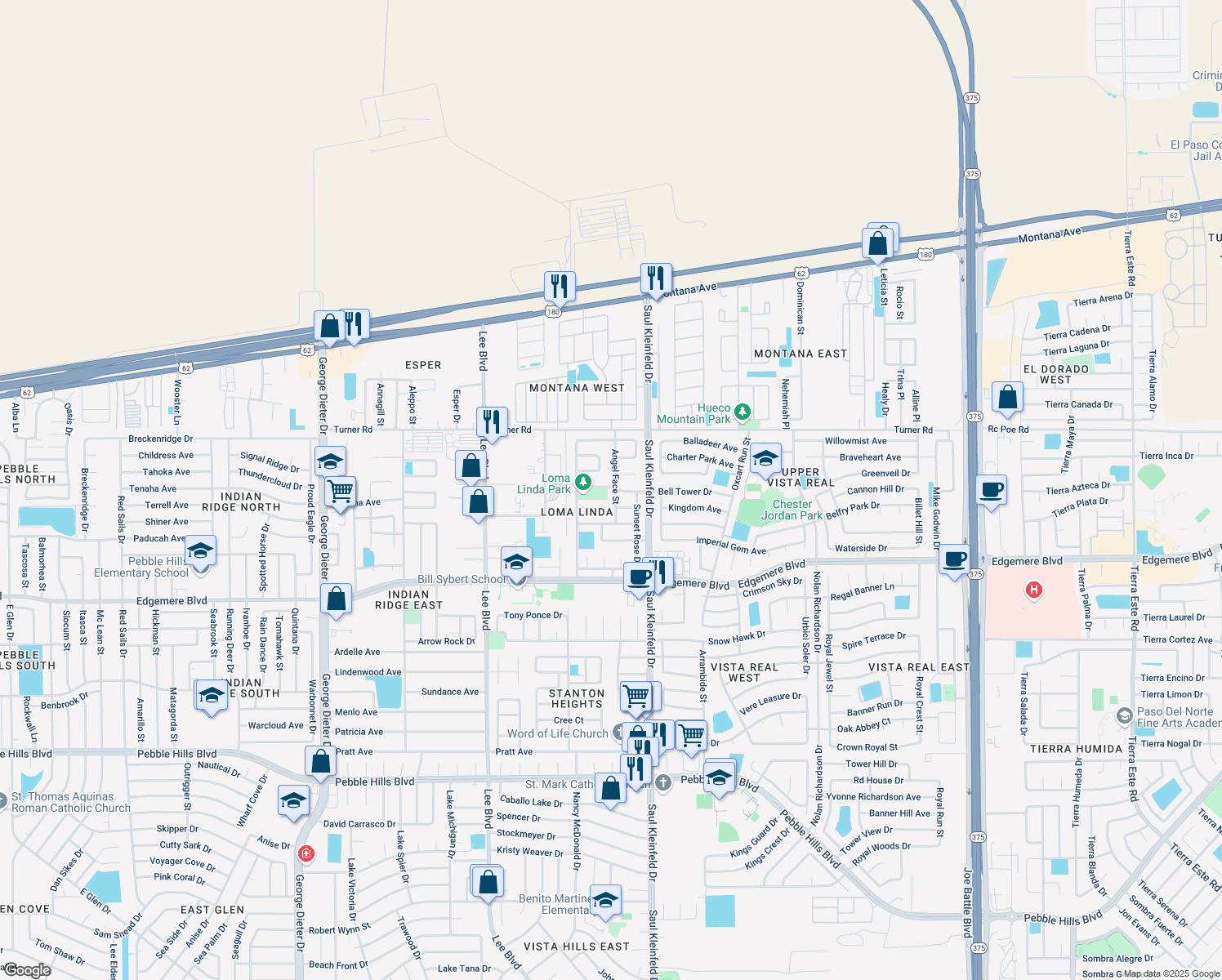 map of restaurants, bars, coffee shops, grocery stores, and more near 3501 Angel Face Street in El Paso