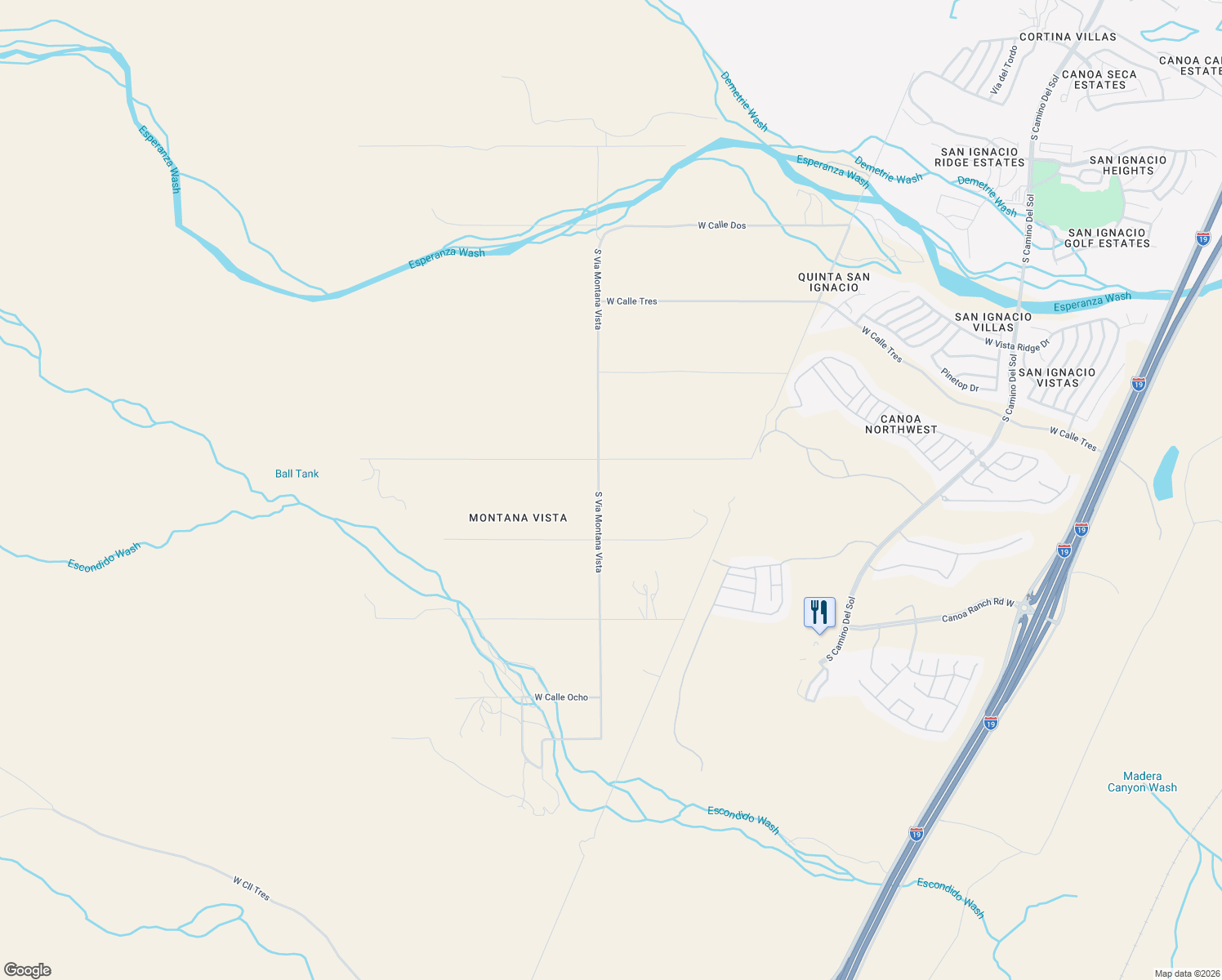 map of restaurants, bars, coffee shops, grocery stores, and more near 25051 South Via Montana Vista in Green Valley
