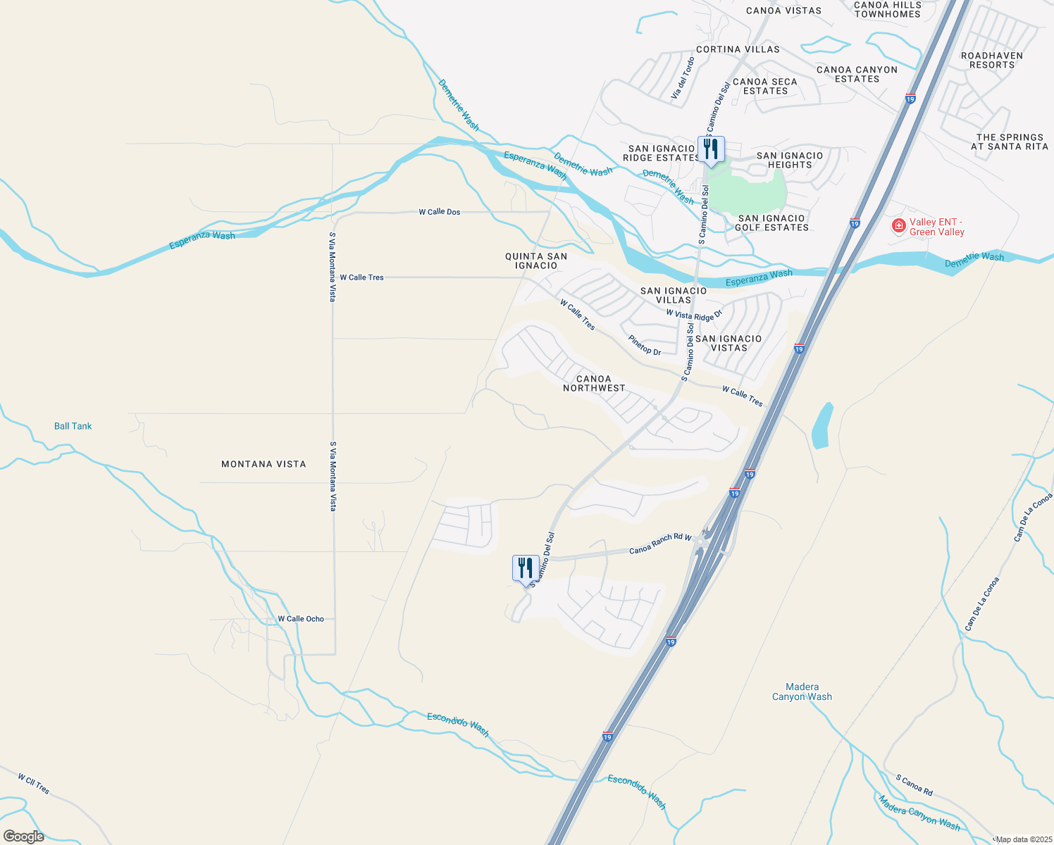 map of restaurants, bars, coffee shops, grocery stores, and more near 2343 West Calle Ceja in Green Valley