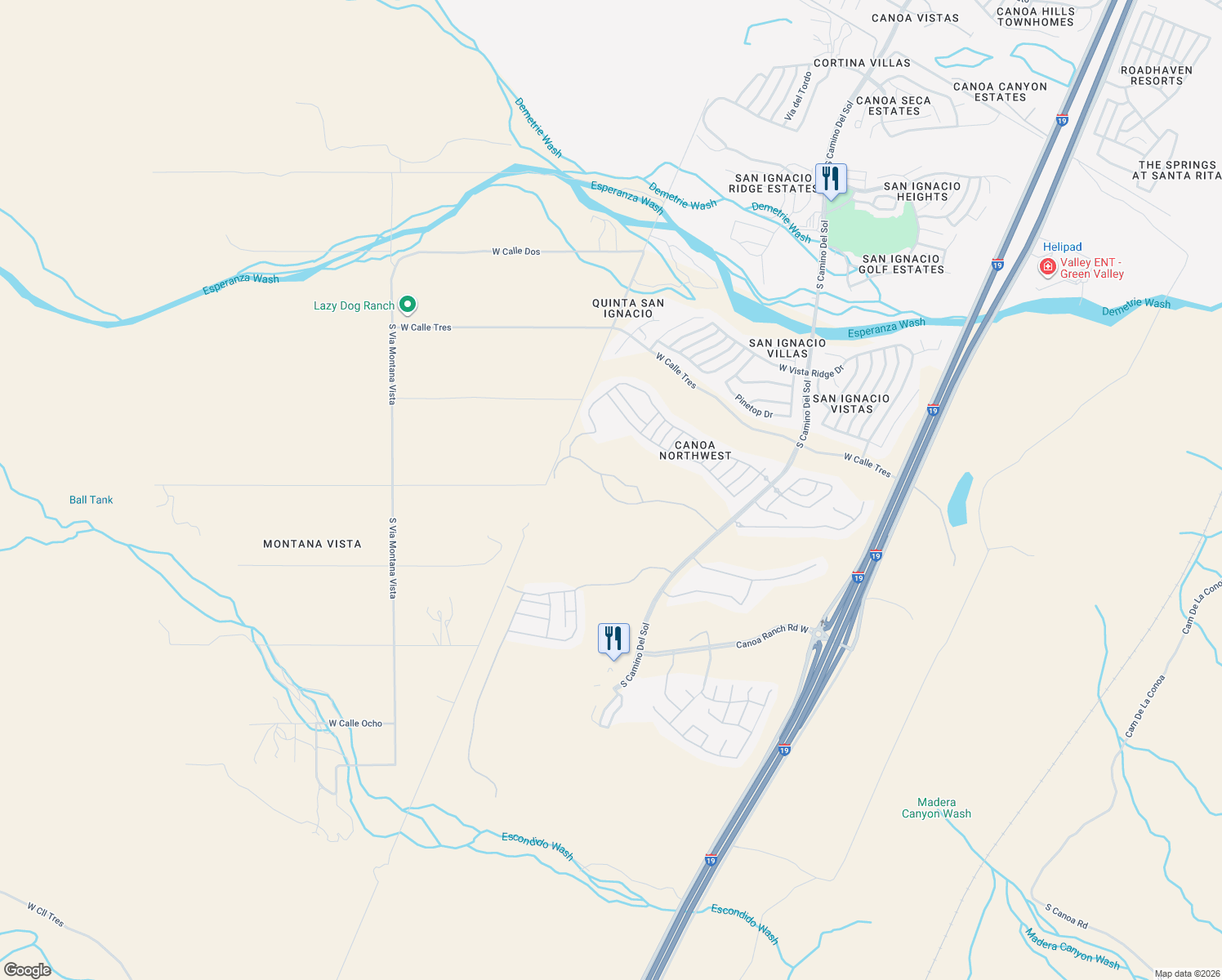 map of restaurants, bars, coffee shops, grocery stores, and more near 2343 West Calle Ceja in Green Valley