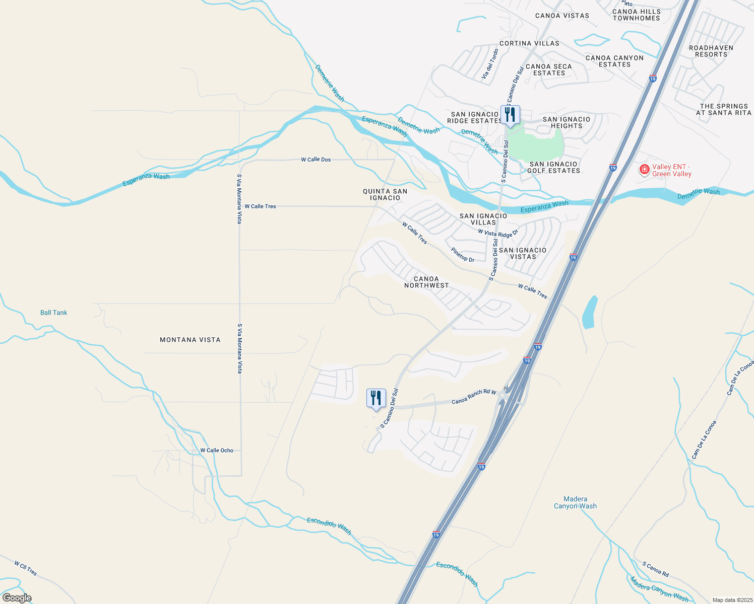 map of restaurants, bars, coffee shops, grocery stores, and more near 2343 West Calle Ceja in Green Valley