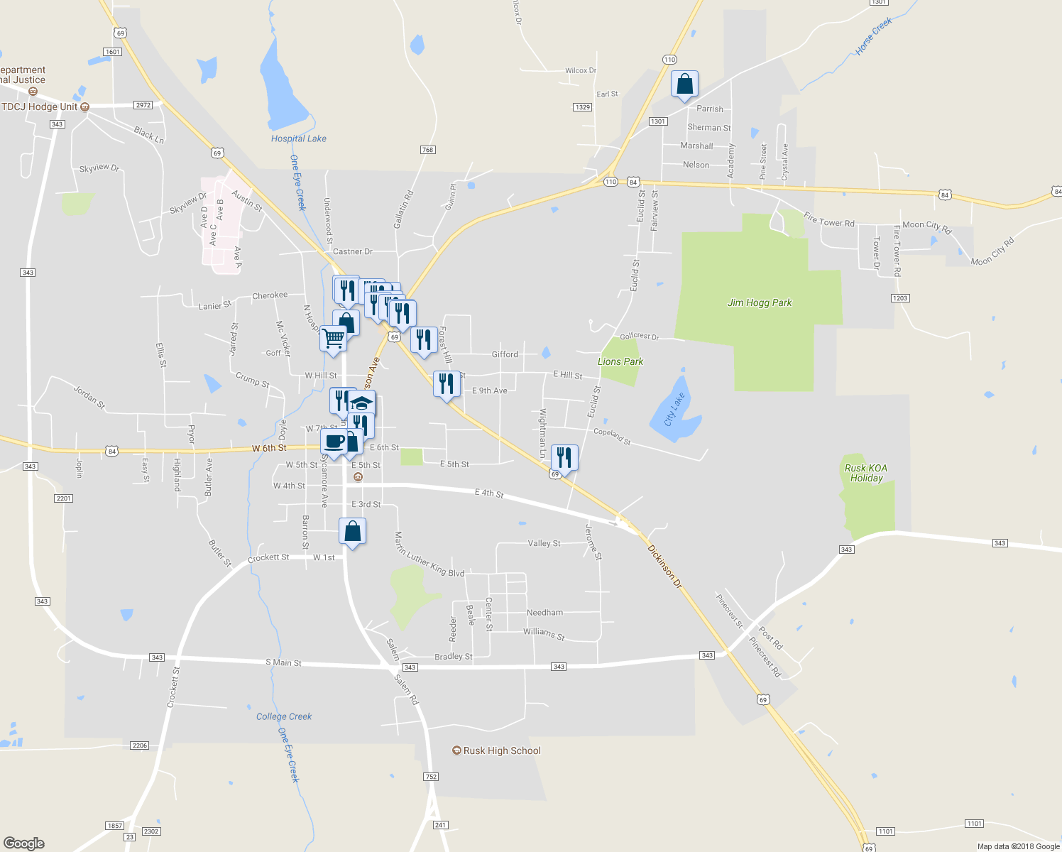 map of restaurants, bars, coffee shops, grocery stores, and more near 401 Copeland Street in Rusk