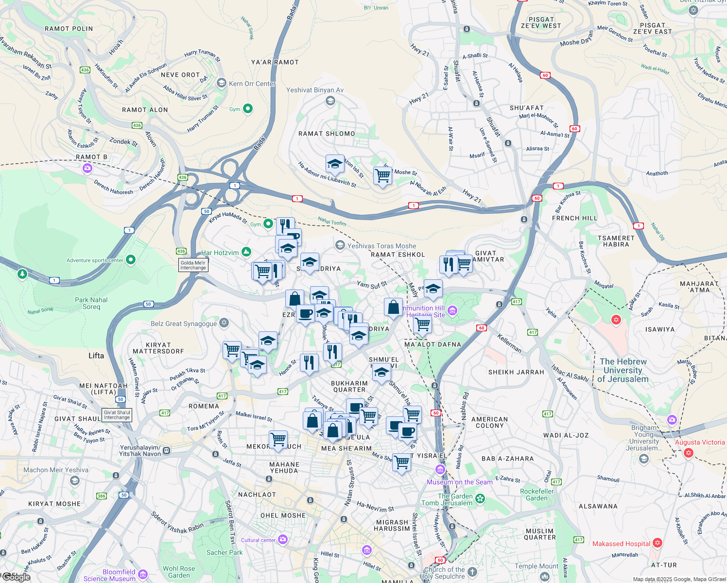 map of restaurants, bars, coffee shops, grocery stores, and more near 3 Ofira Street in Jerusalem