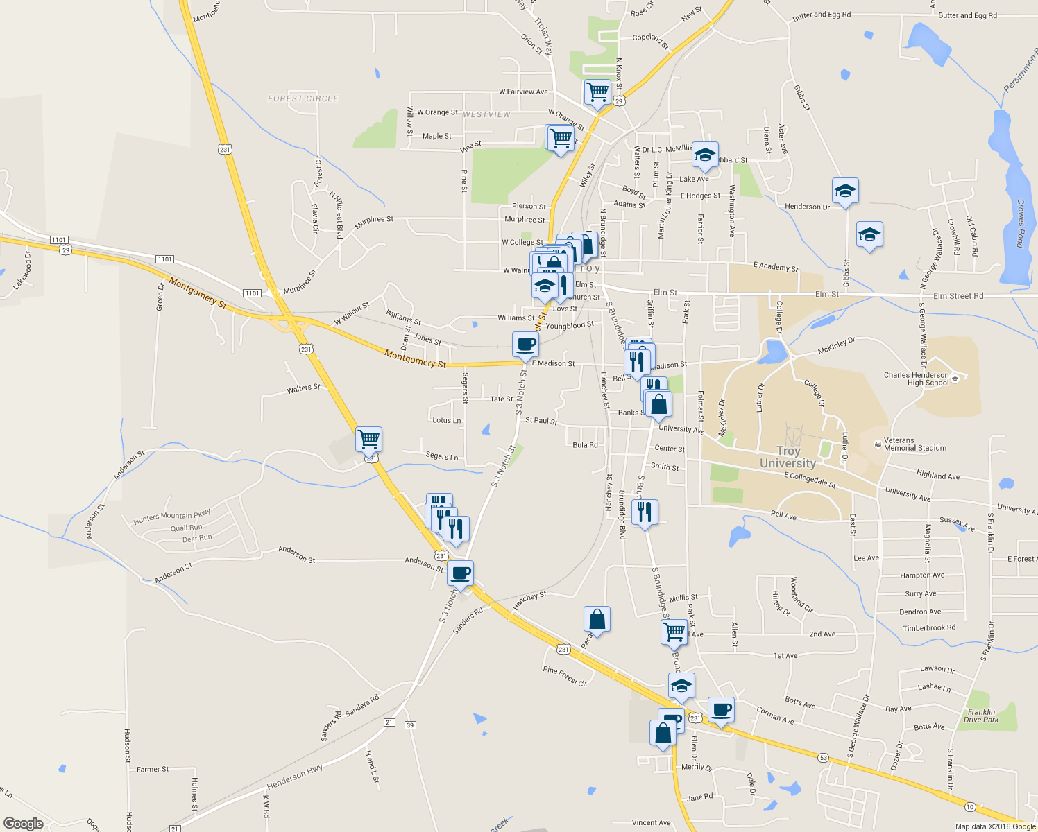 map of restaurants, bars, coffee shops, grocery stores, and more near 521 South 3 Notch Street in Troy