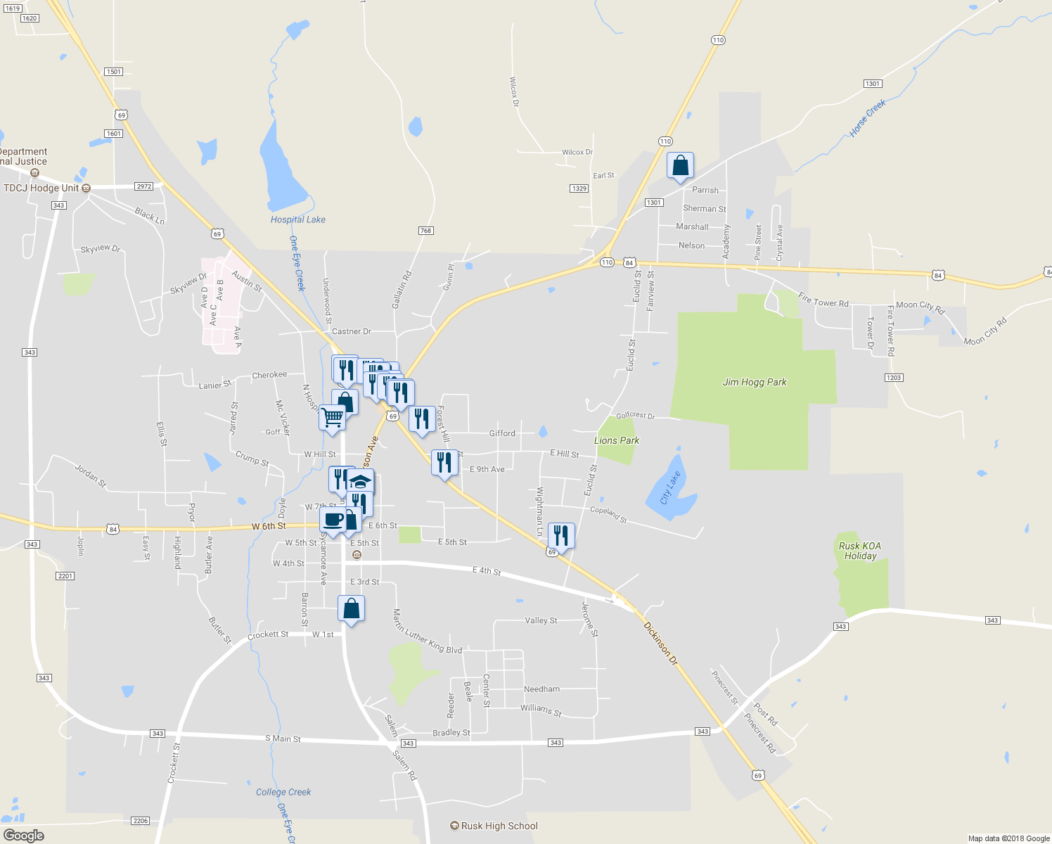 map of restaurants, bars, coffee shops, grocery stores, and more near 200 Pecan Street in Rusk
