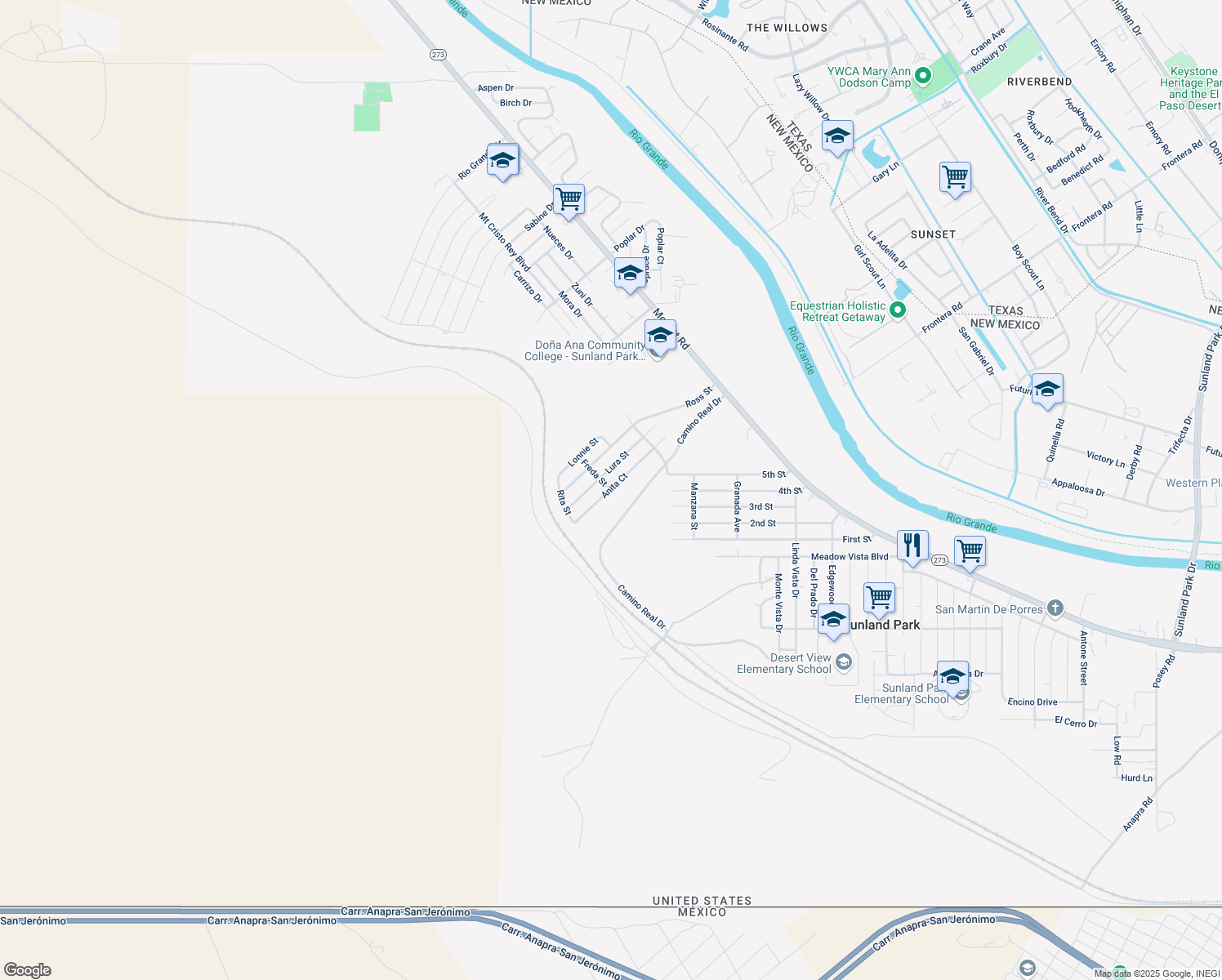 map of restaurants, bars, coffee shops, grocery stores, and more near Anita Court in Sunland Park