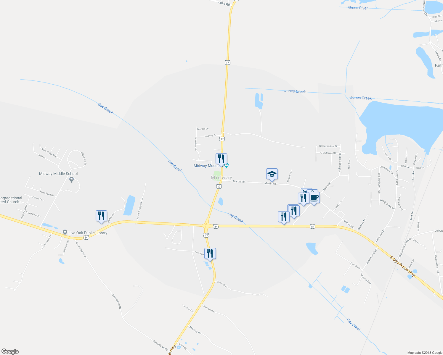 map of restaurants, bars, coffee shops, grocery stores, and more near in Midway