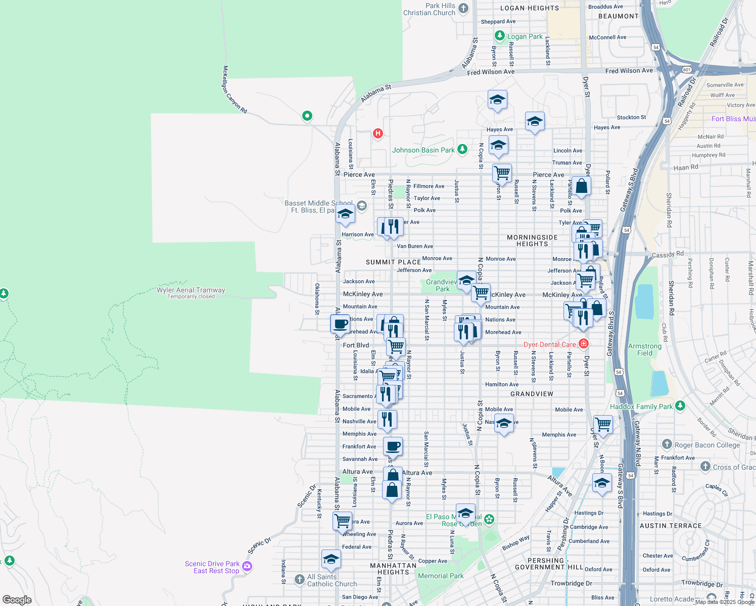 map of restaurants, bars, coffee shops, grocery stores, and more near 2805 Mountain Avenue in El Paso