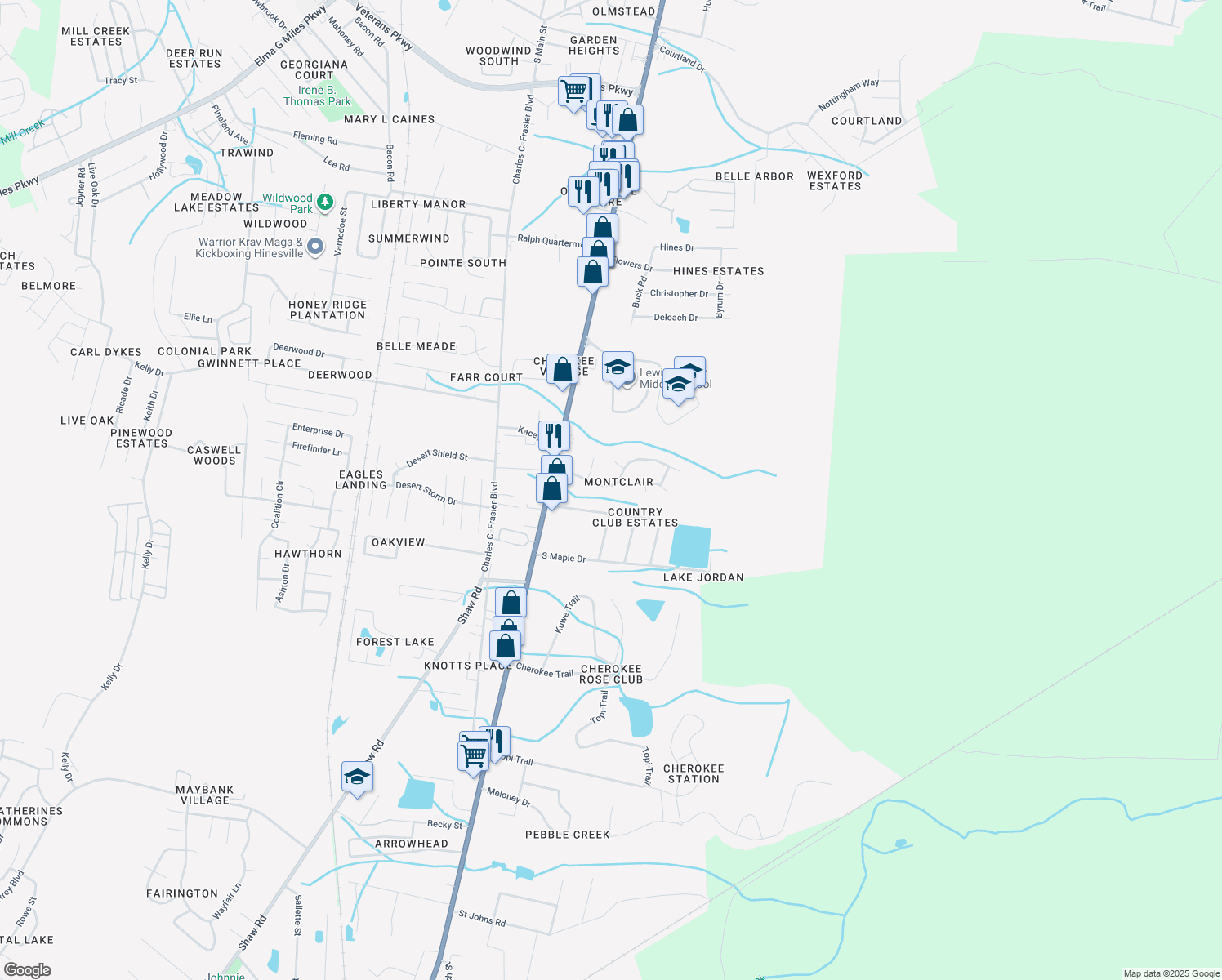 map of restaurants, bars, coffee shops, grocery stores, and more near 1113 Montclair Drive in Hinesville