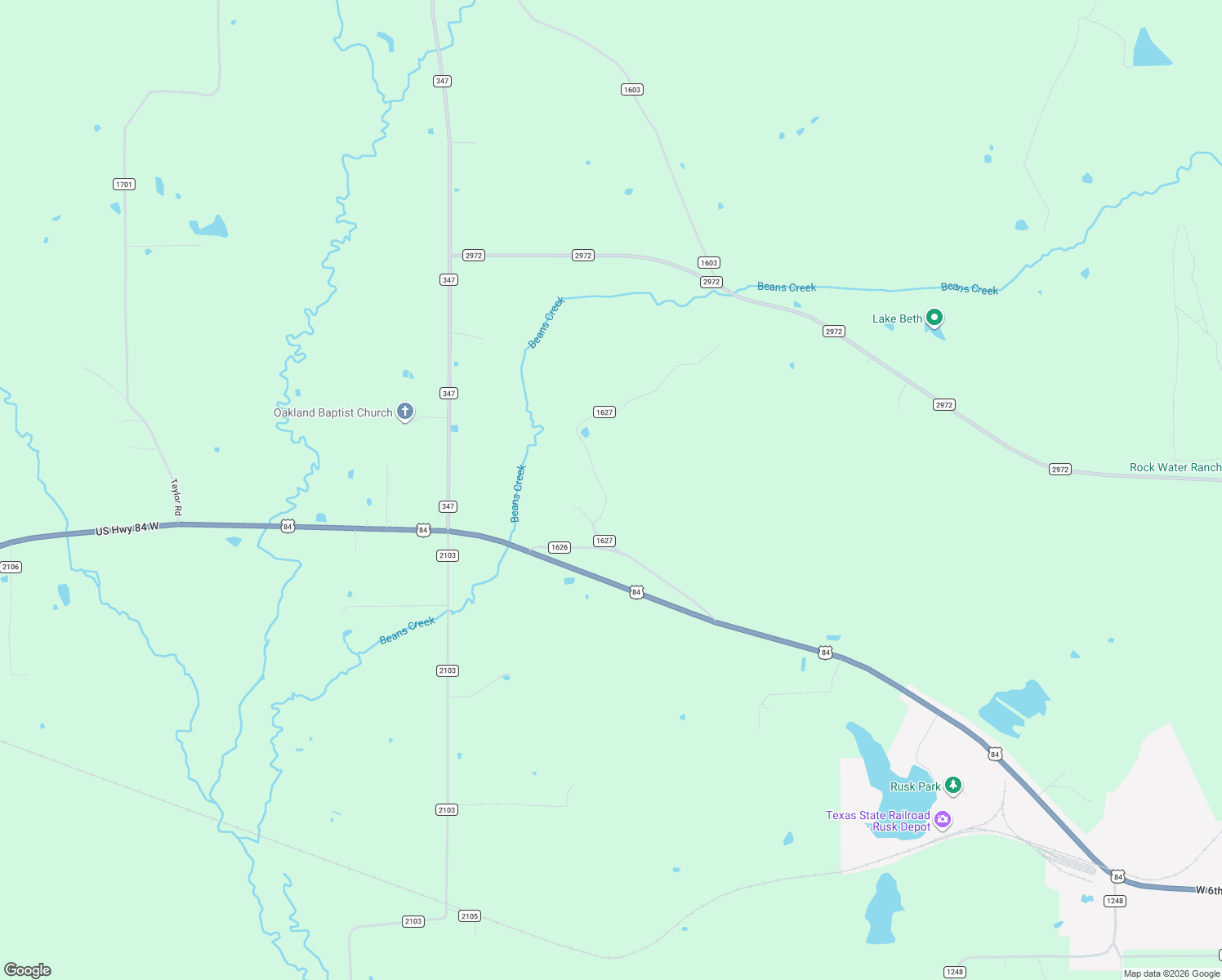 map of restaurants, bars, coffee shops, grocery stores, and more near 416 County Road 1627 in Rusk