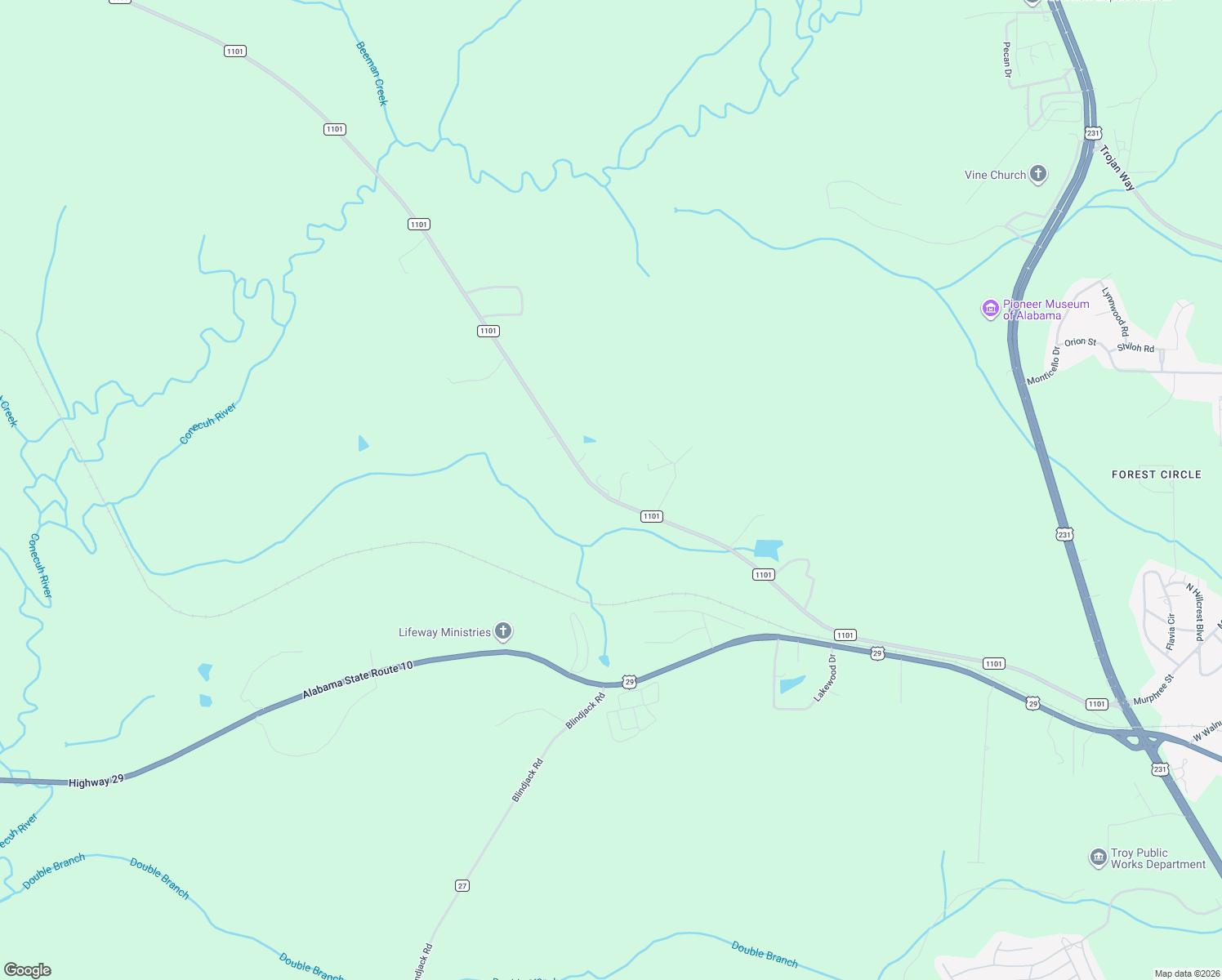 map of restaurants, bars, coffee shops, grocery stores, and more near County Road 1101 in Troy