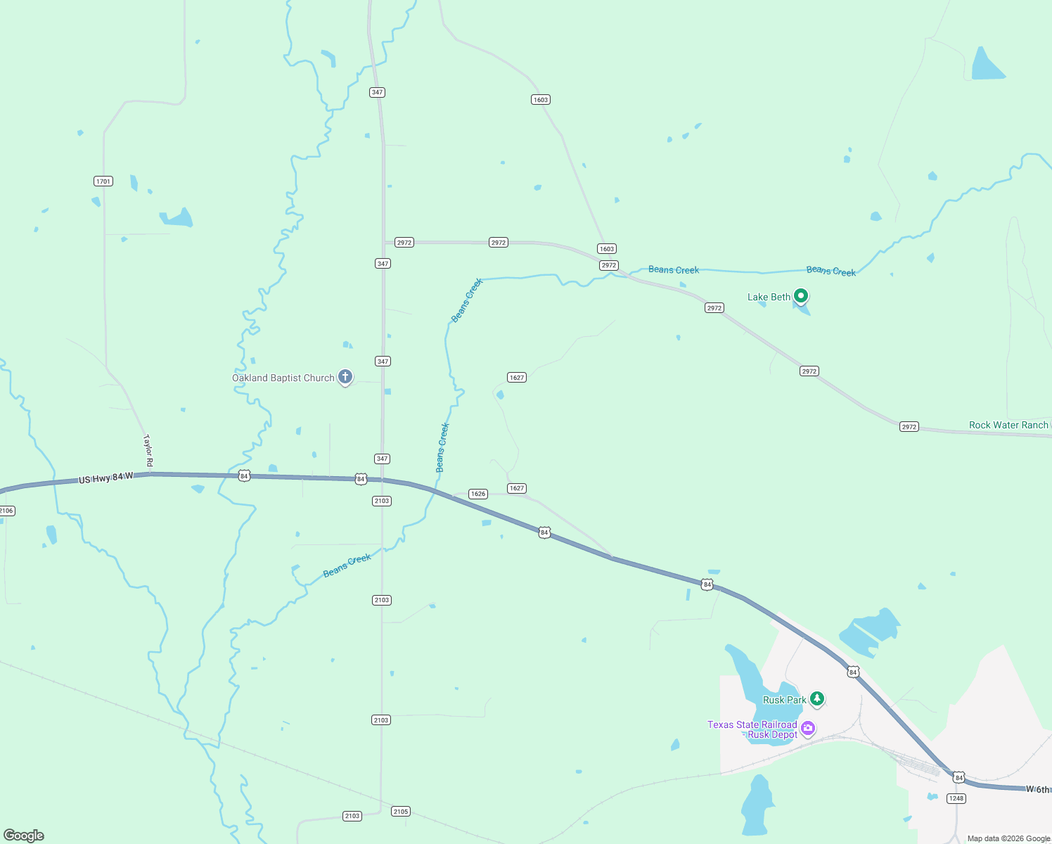 map of restaurants, bars, coffee shops, grocery stores, and more near 416 County Road 1627 in Rusk