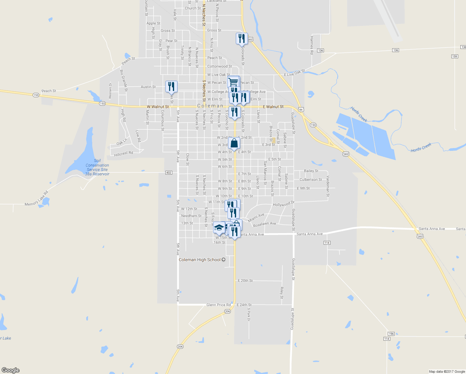 map of restaurants, bars, coffee shops, grocery stores, and more near 1512 South Commercial Avenue in Coleman