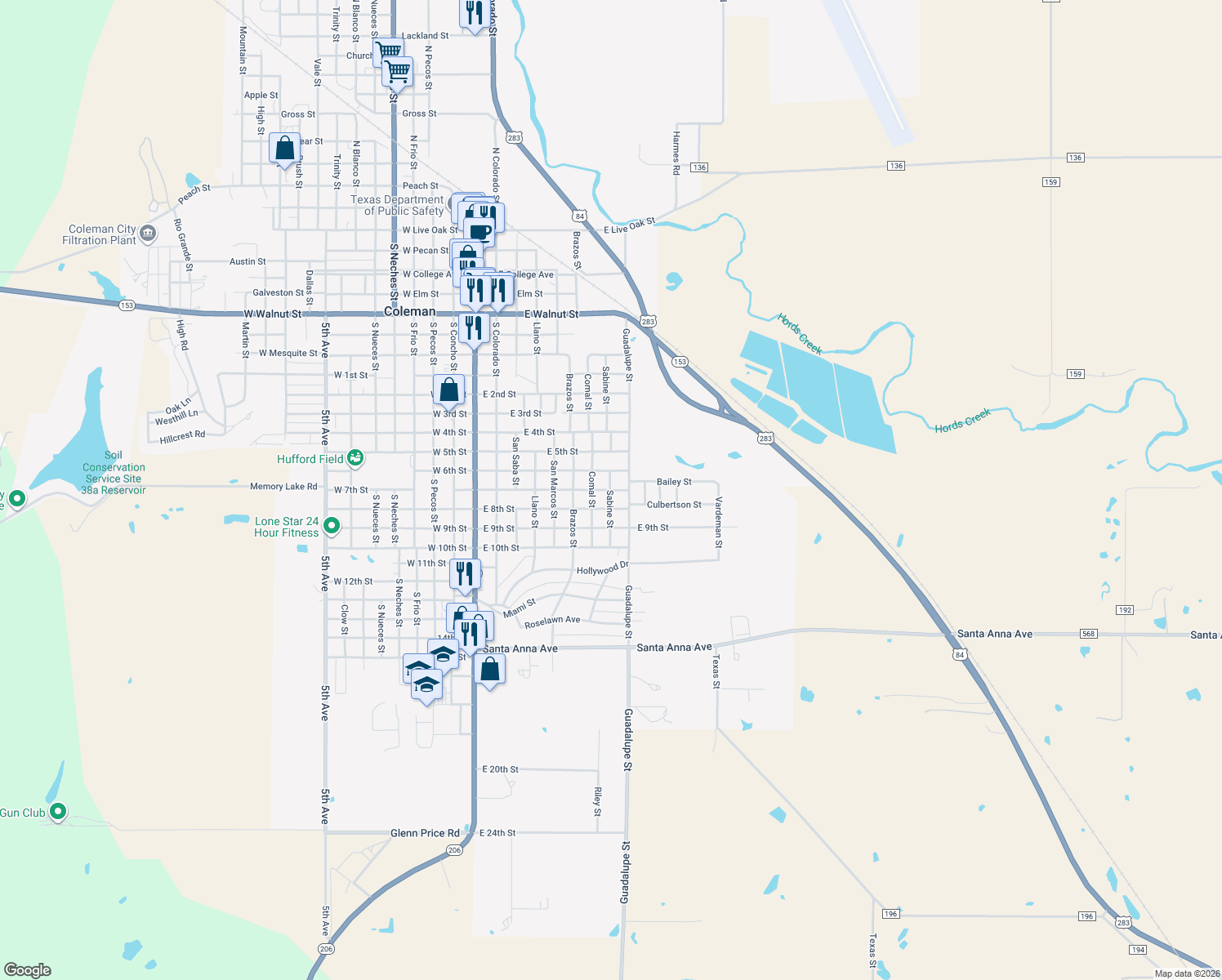 map of restaurants, bars, coffee shops, grocery stores, and more near 805 East 7th Street in Coleman