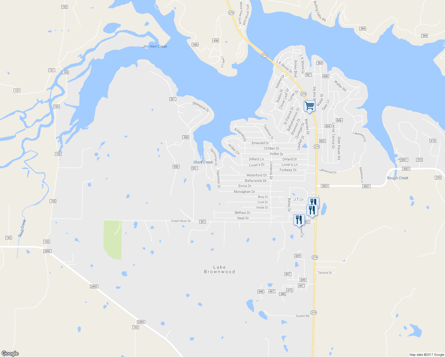 map of restaurants, bars, coffee shops, grocery stores, and more near 7184 Ballycastle Drive in Brownwood