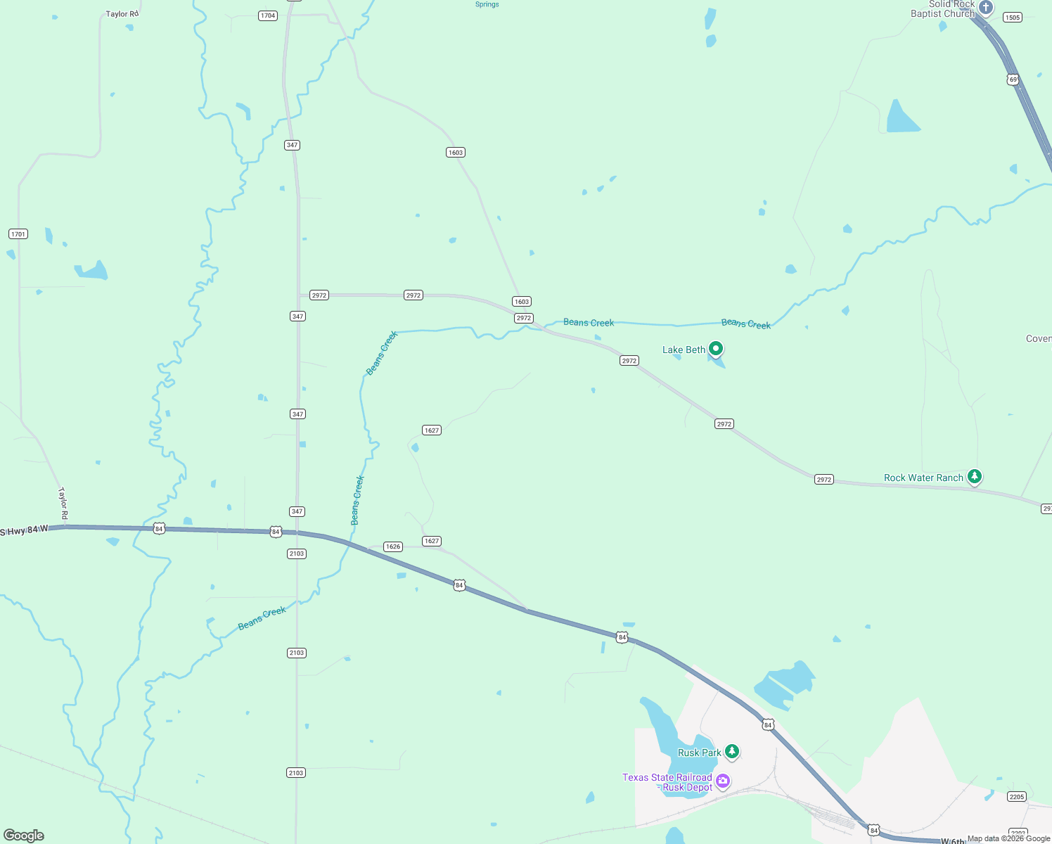 map of restaurants, bars, coffee shops, grocery stores, and more near 860 County Road 1627 in Rusk