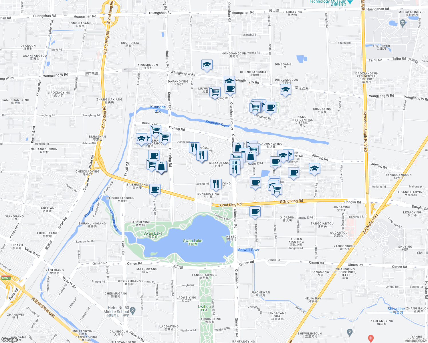 map of restaurants, bars, coffee shops, grocery stores, and more near in Hefei